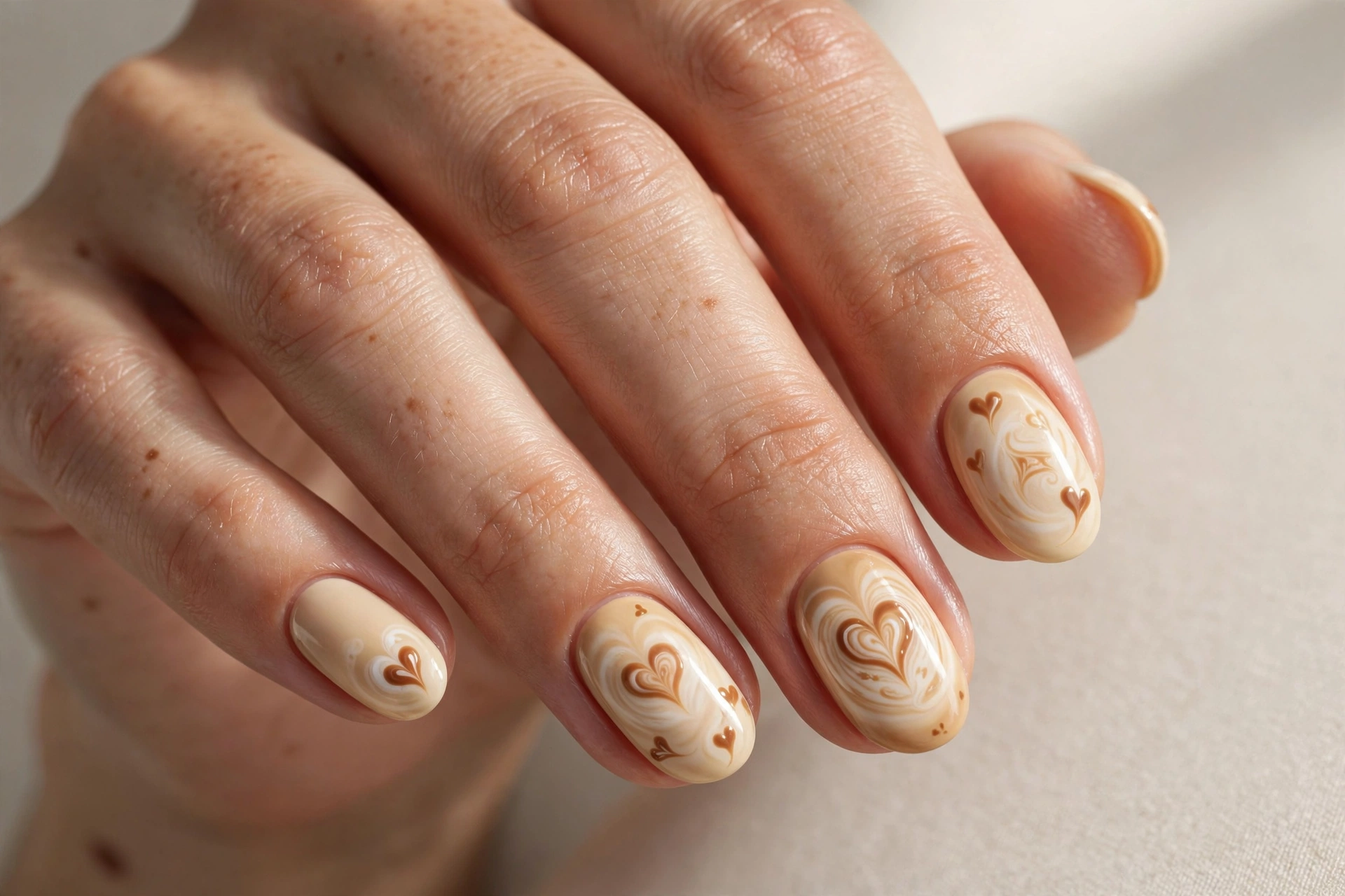 Latte art heart nails with tiny caramel hearts on creamy latte base