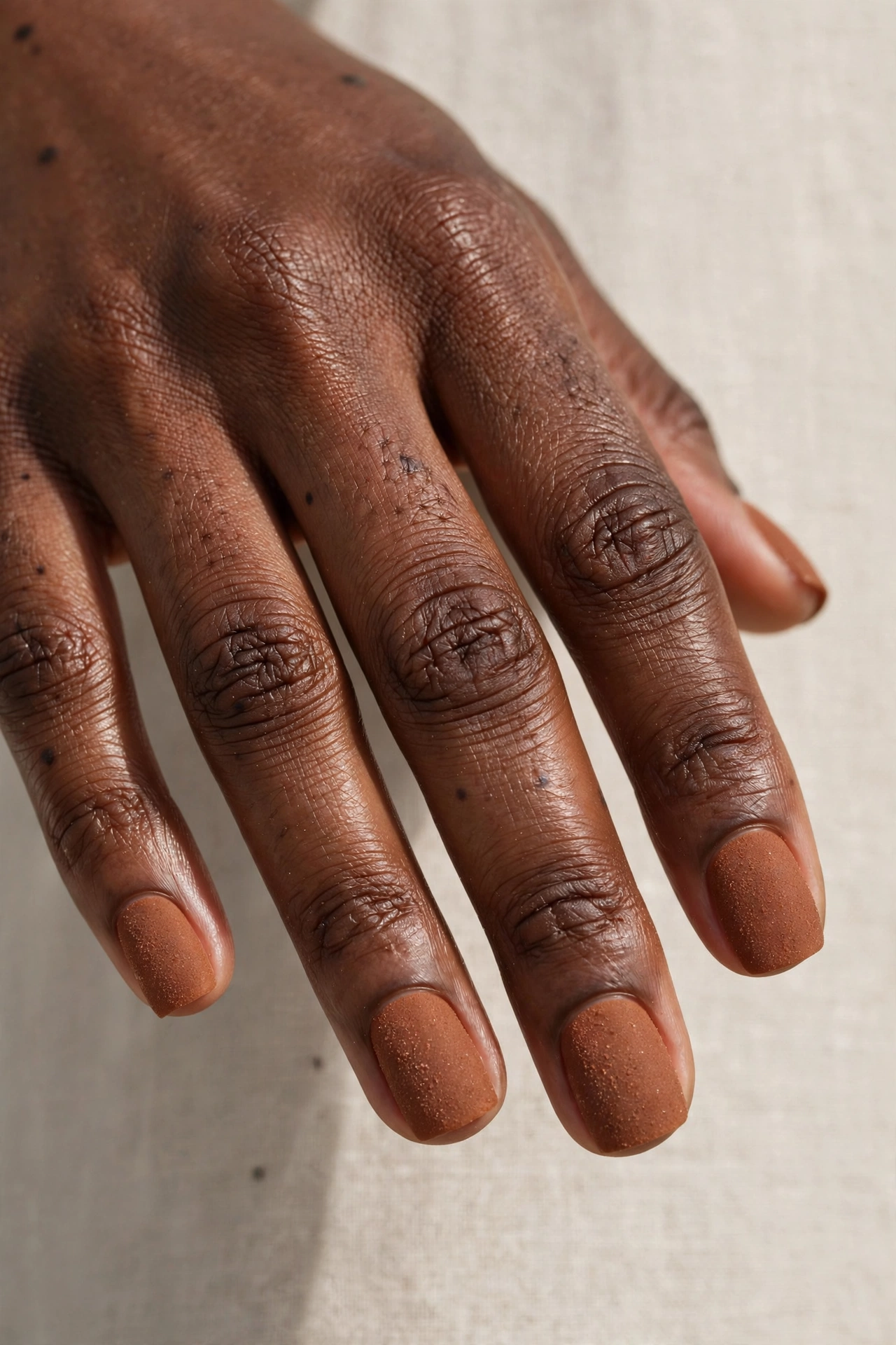 Cinnamon sugar matte nails with velvety cinnamon-brown polish