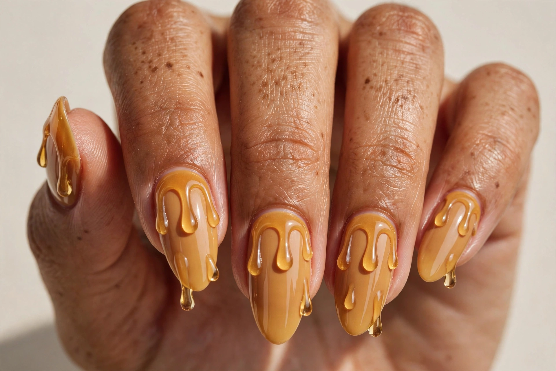 Honey drip latte nails with glossy honey-gold drips on warm base