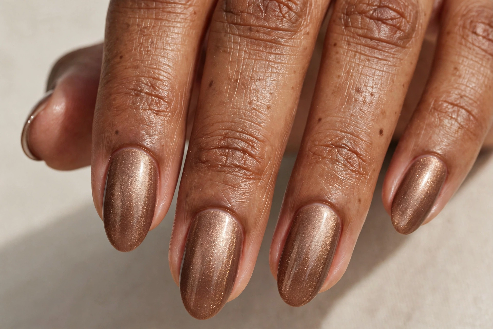 Warm mocha shimmer nails with metallic mocha-brown polish