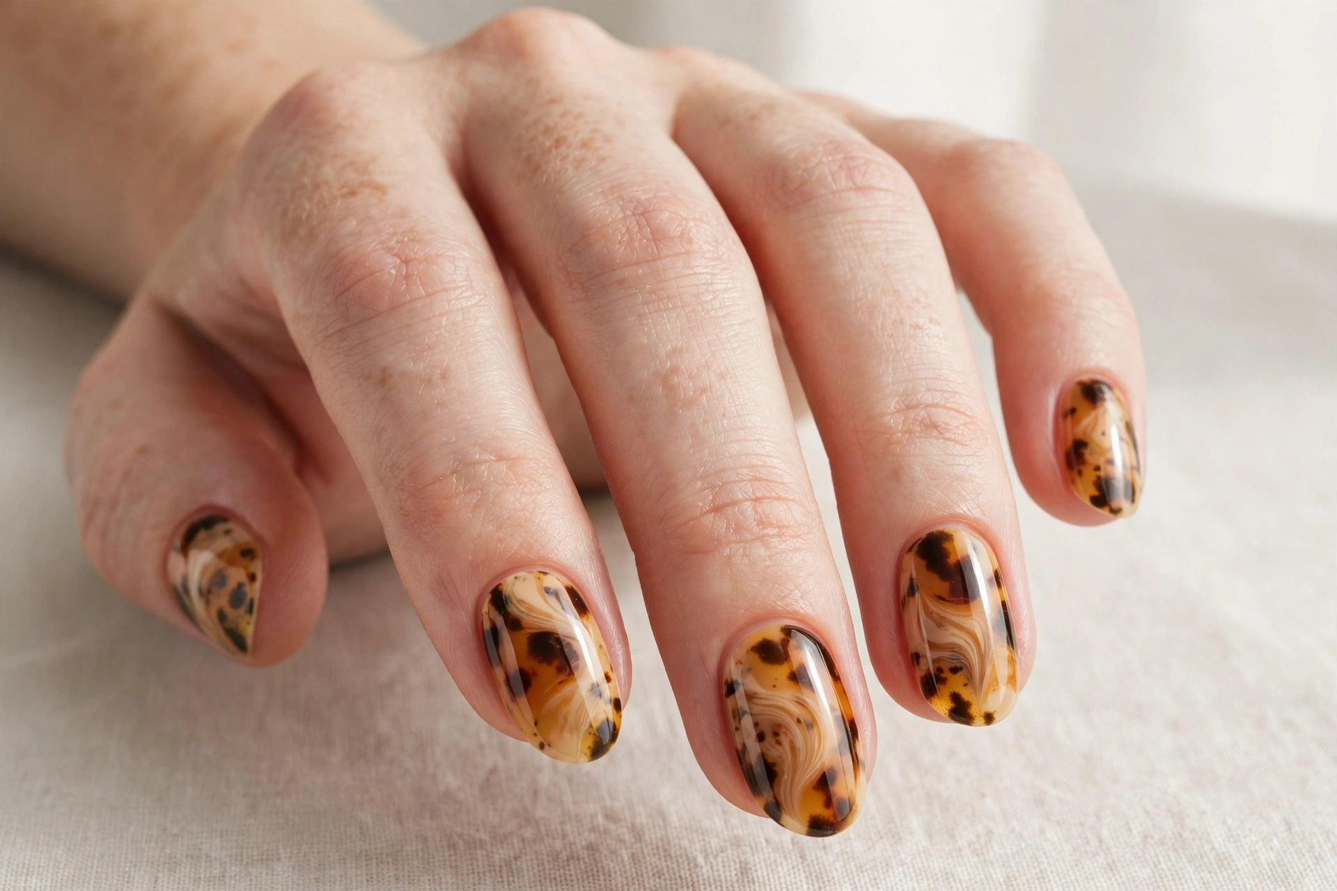 Pecan tortoise mix nails with amber tortoiseshell and caramel tones