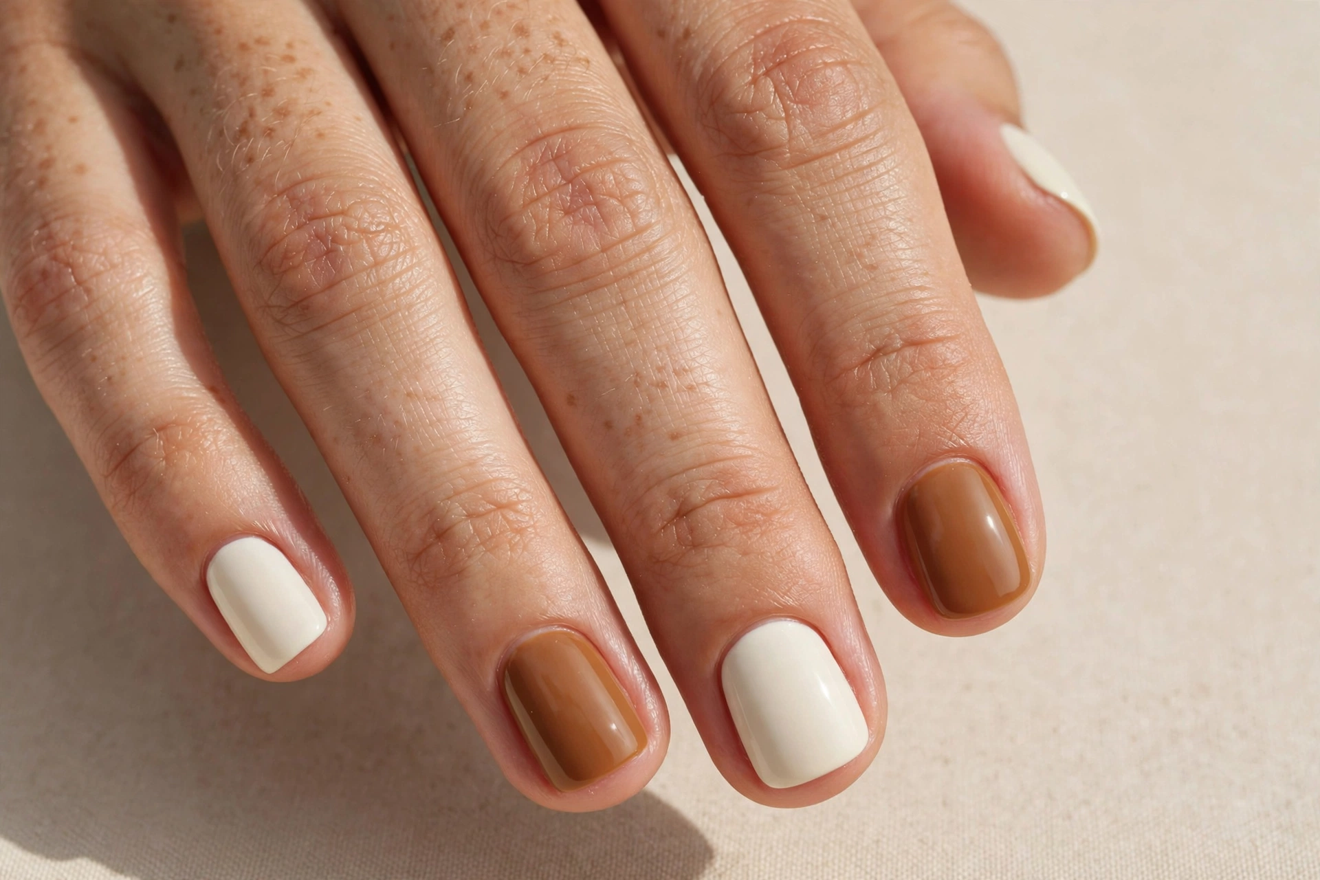 Cream and caramel color block nails with alternating solid shades
