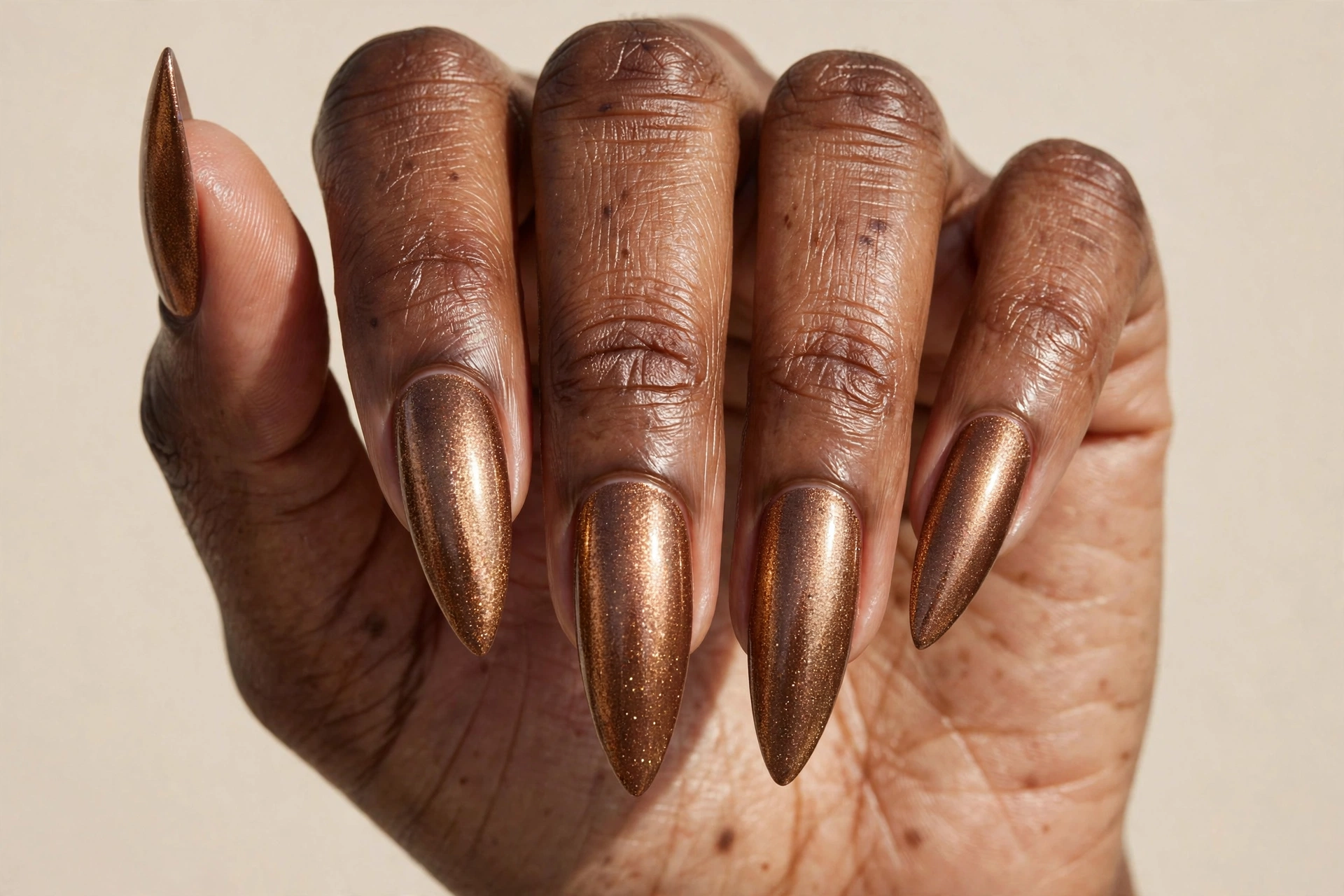 Spiced chai metallic nails with warm bronze-chai shimmer