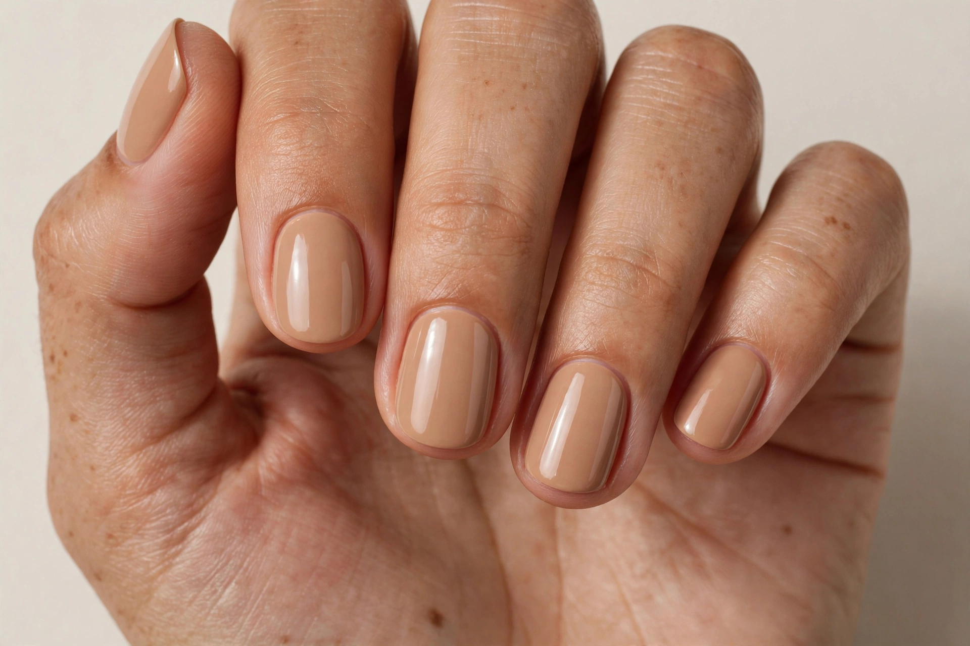 Short round latte nude nails with glossy warm latte-nude polish