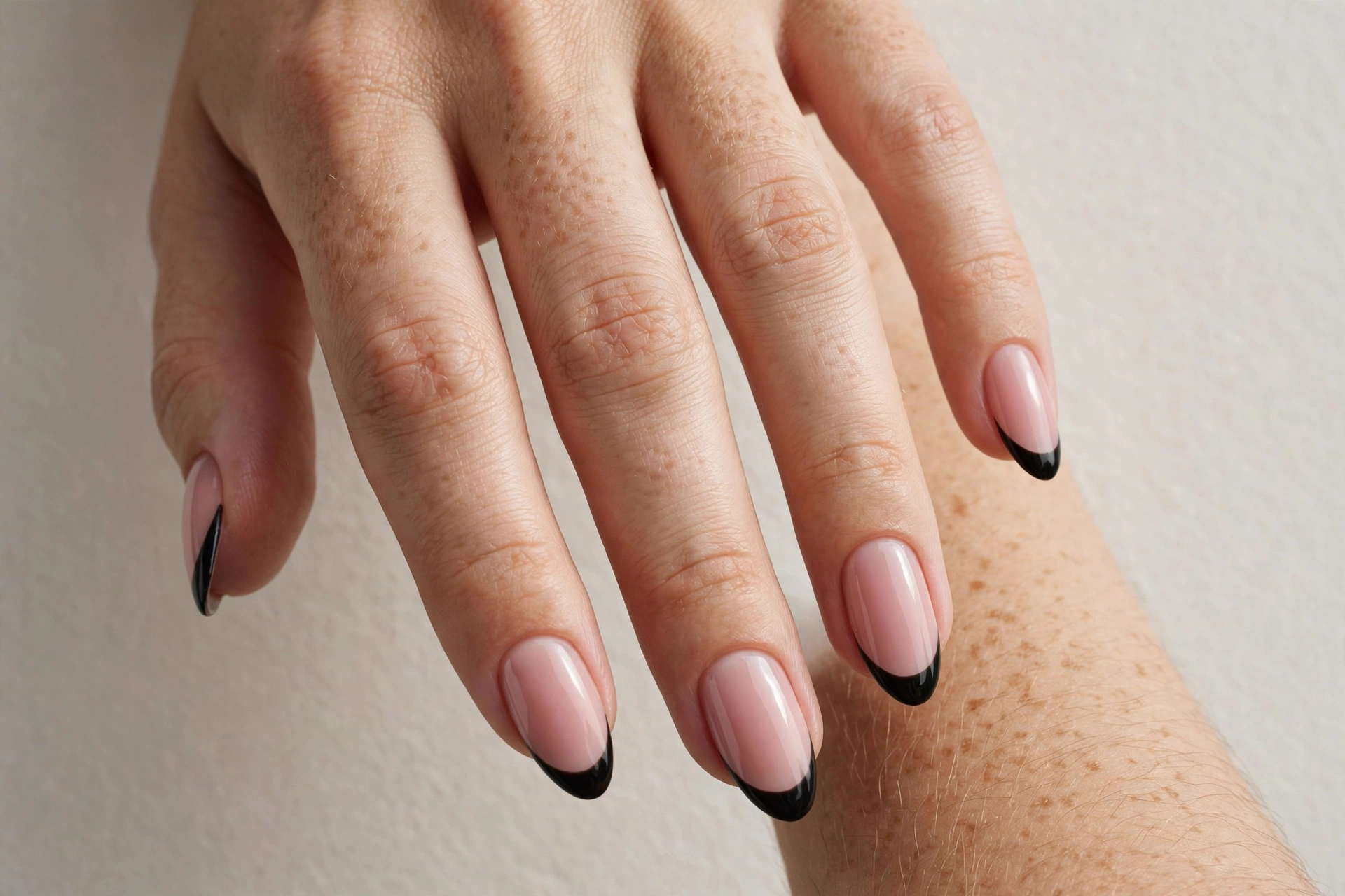 Close-up of almond nails with black french tips on a soft pink base