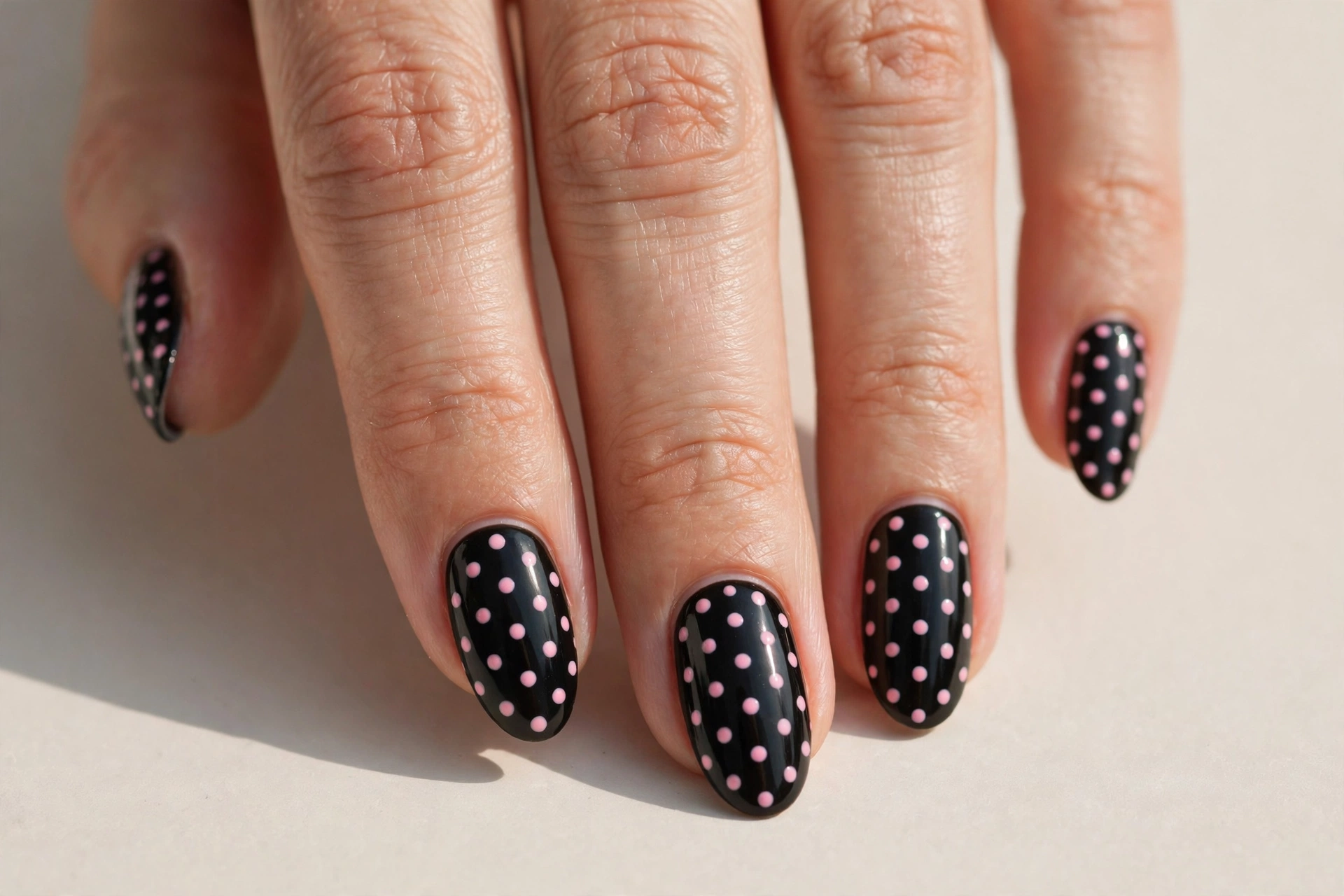 Black almond nails decorated with pink polka dots