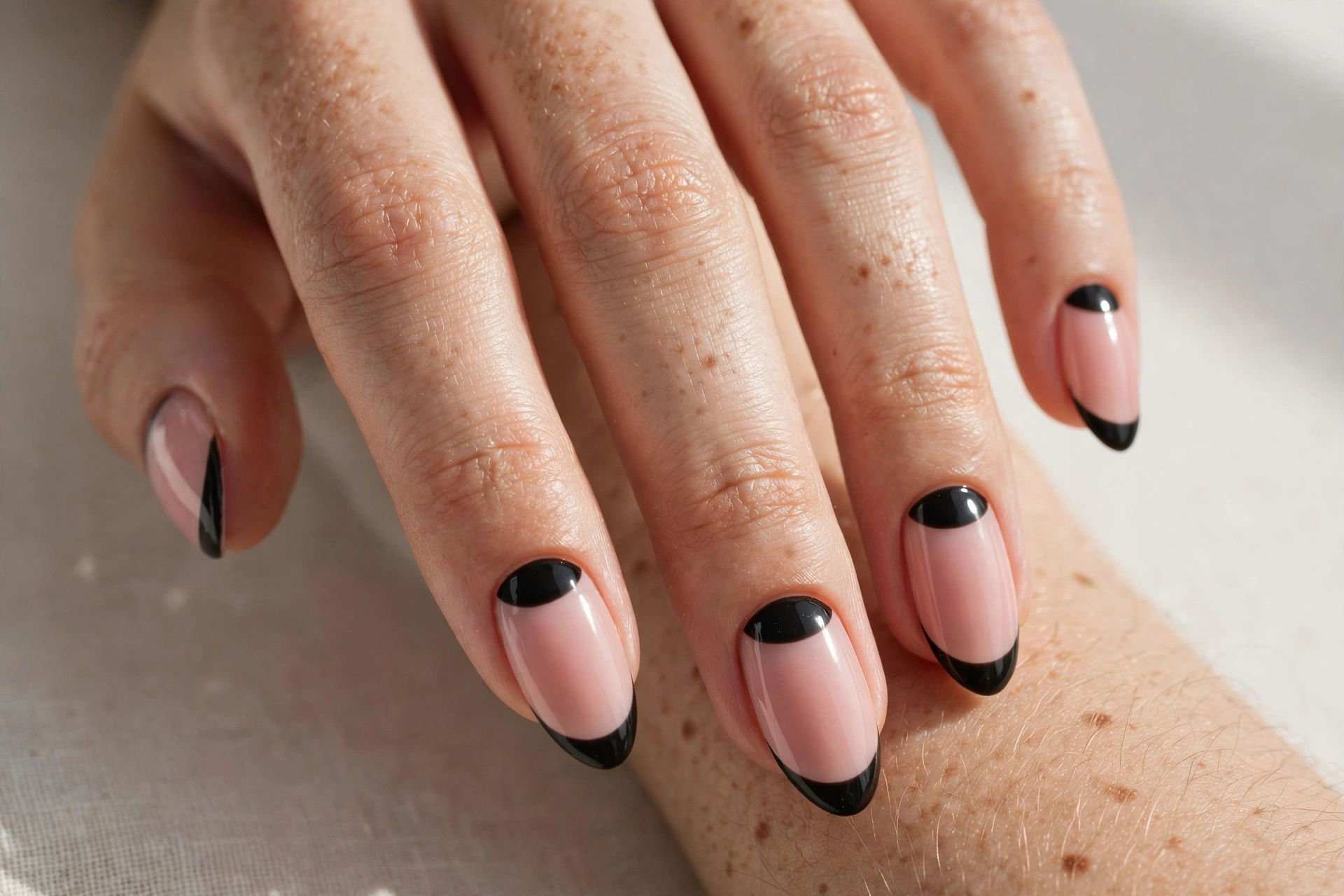 Pink almond nails with black half moon designs at the base