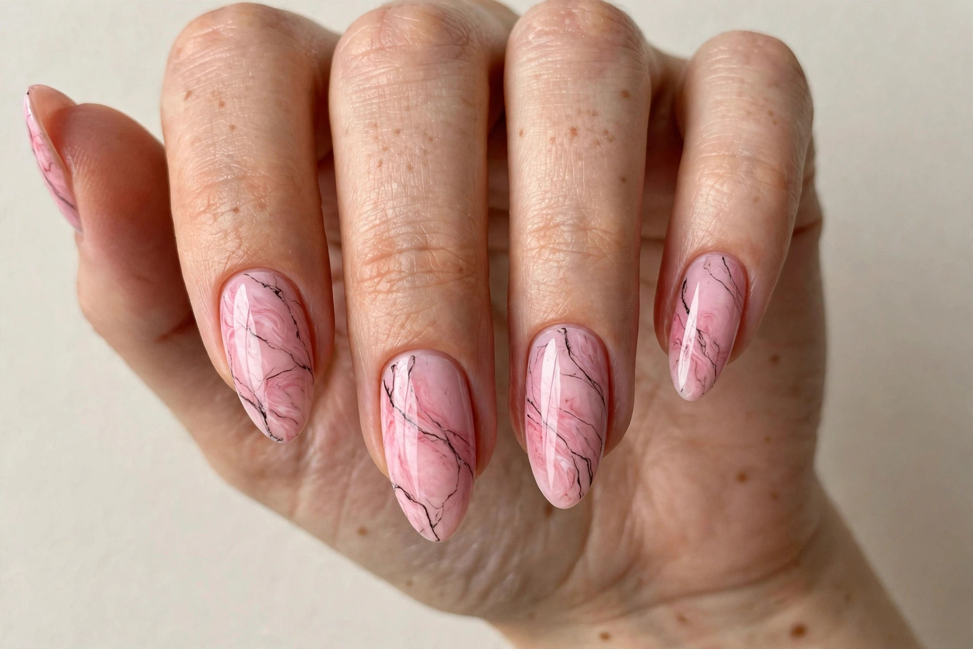 Pink marble almond nails with thin black veining
