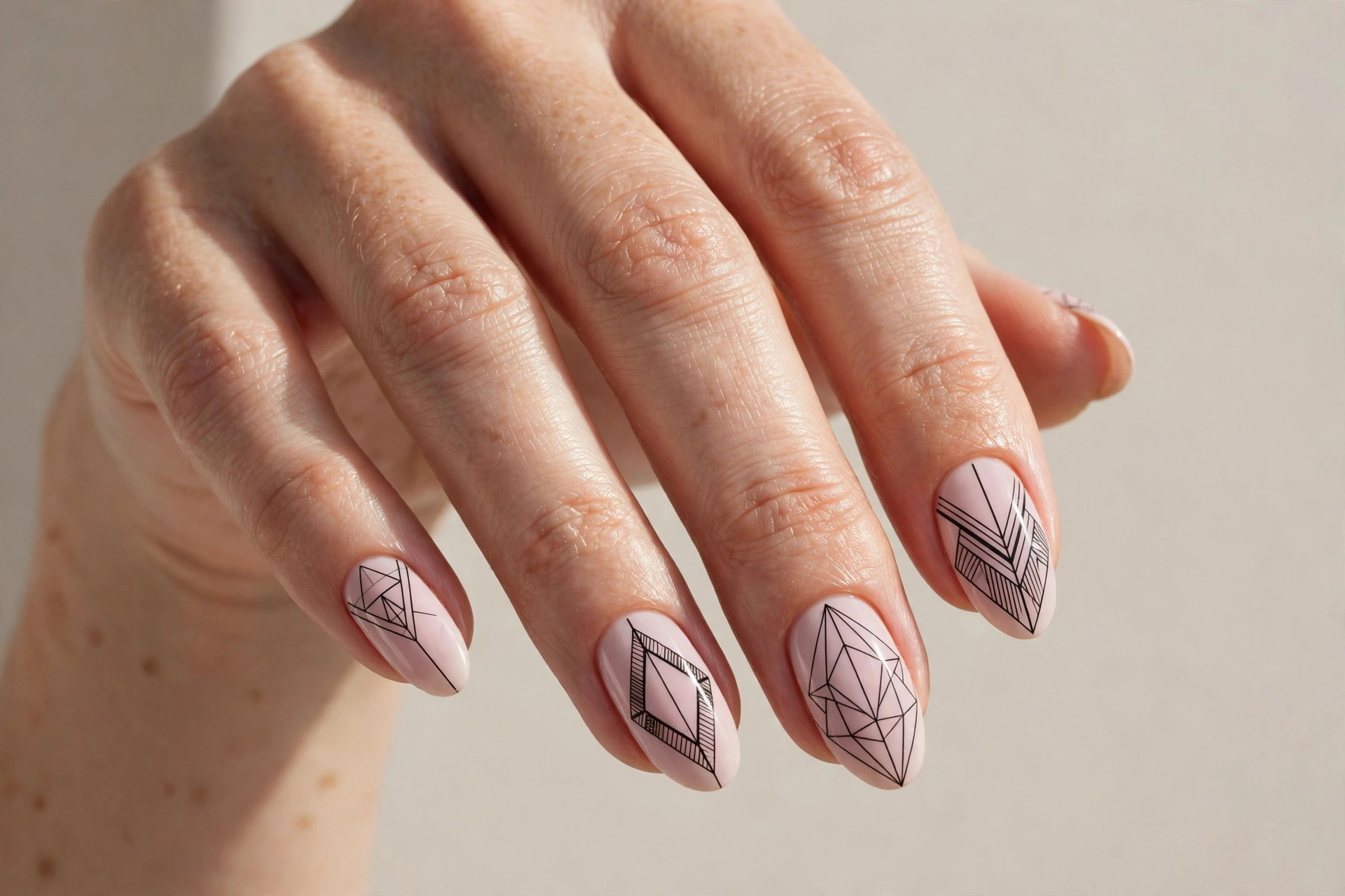 Pale pink almond nails with black geometric line art
