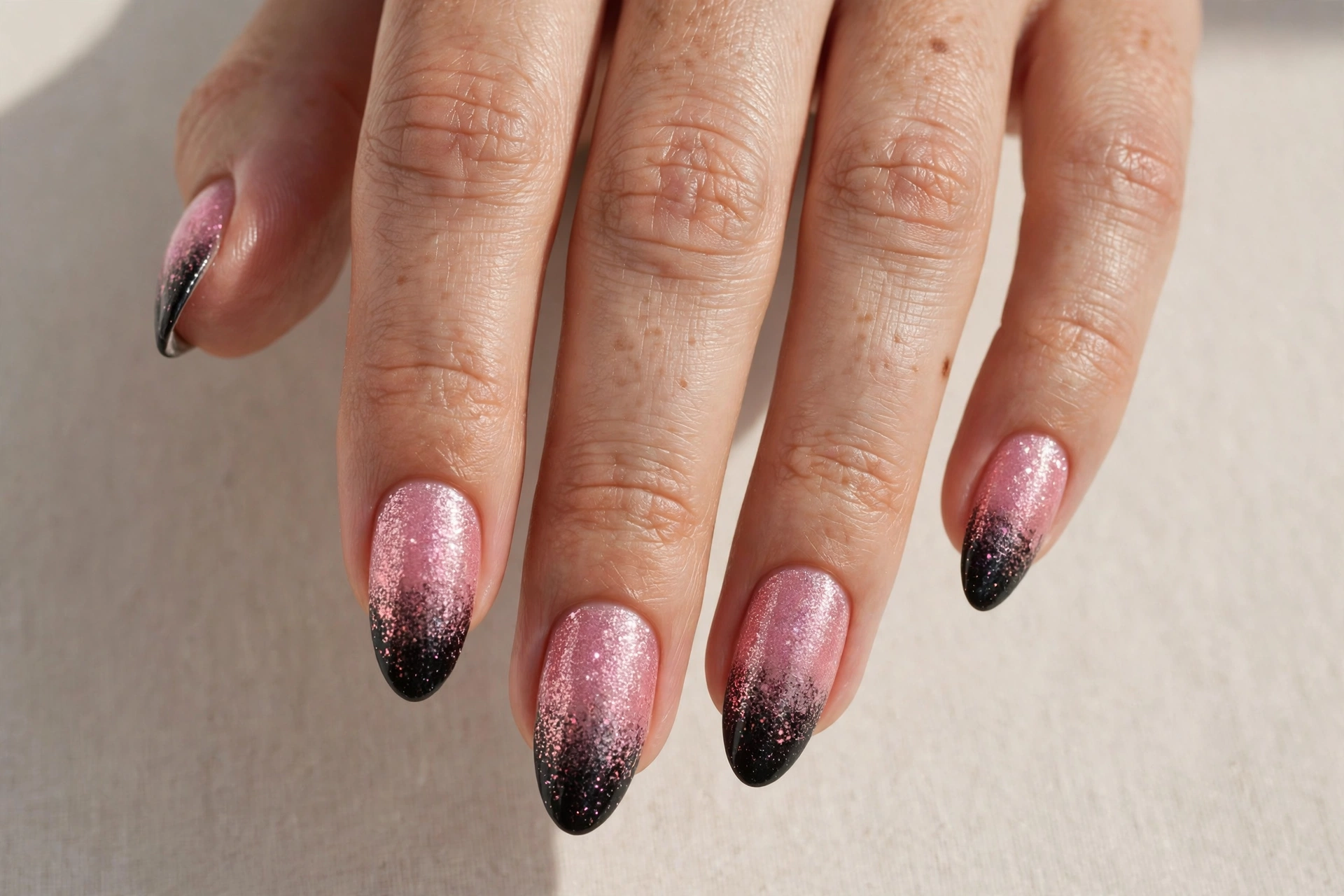 Pink glitter almond nails fading into black tips