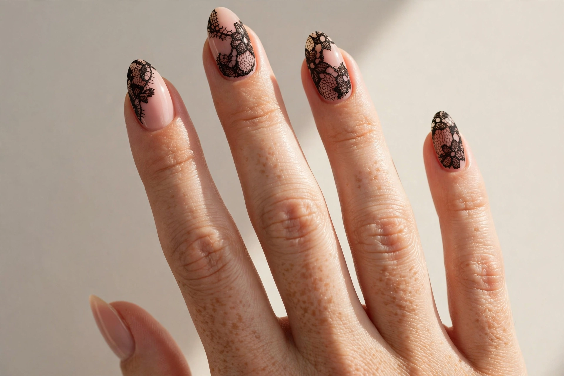 Nude pink almond nails with delicate black lace nail art