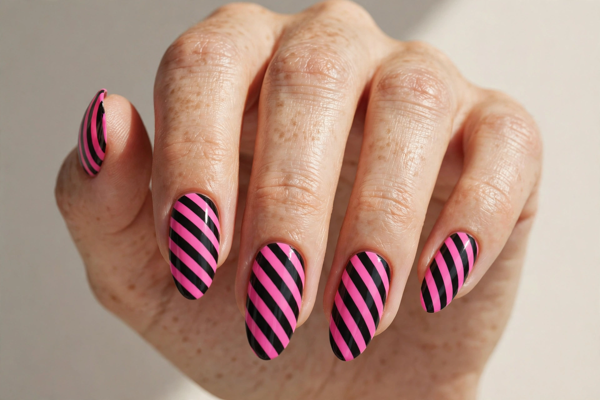 Almond nails with bold diagonal pink and black stripes