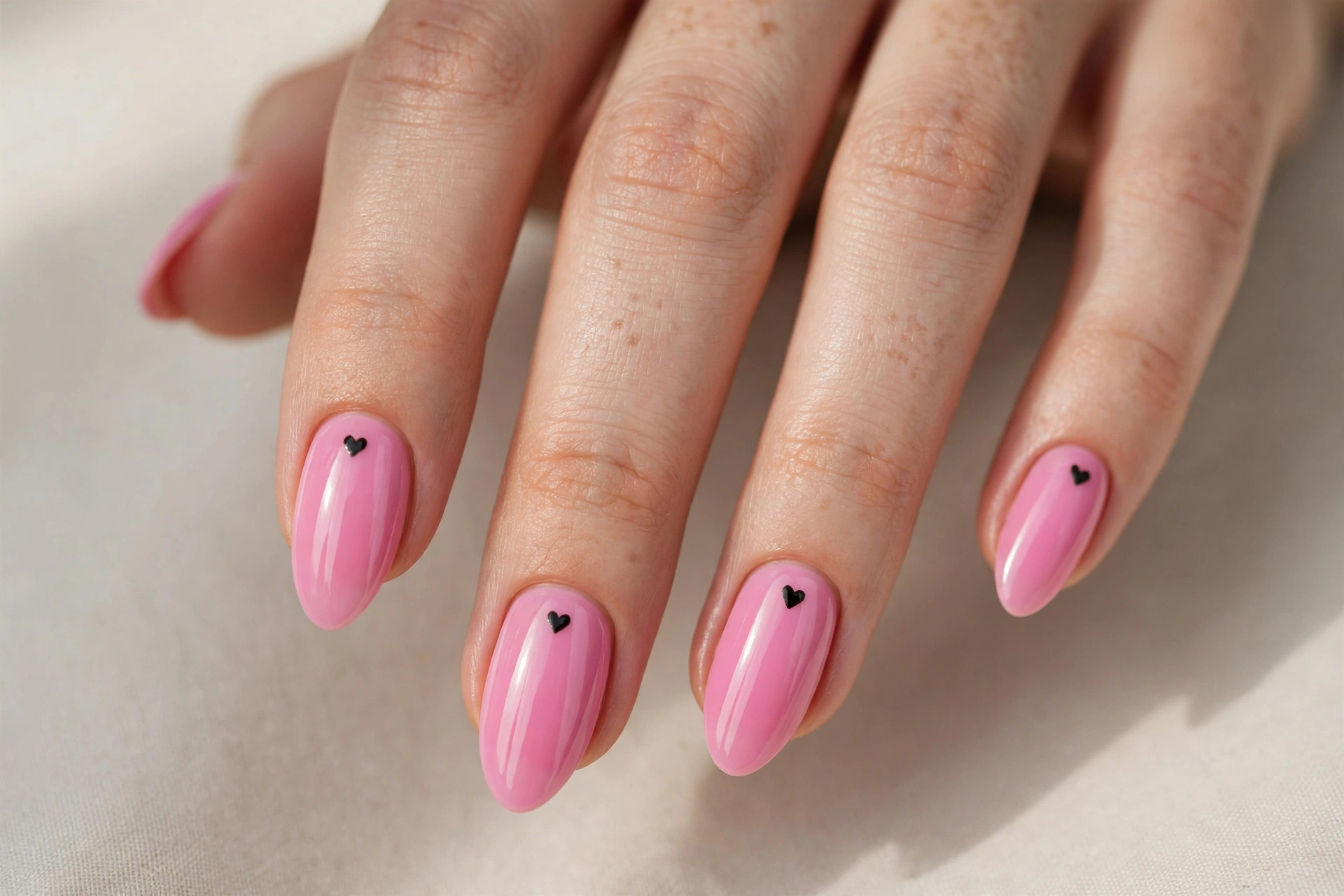 Bubblegum pink almond nails with tiny black heart nail art
