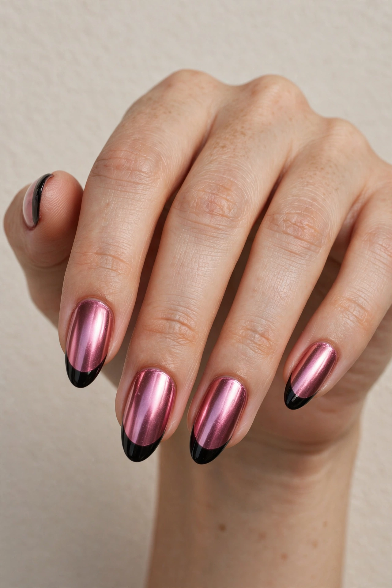Metallic pink chrome almond nails with glossy black tips