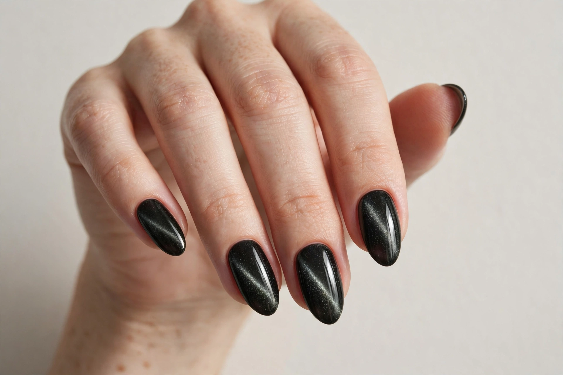 Black magnetic cat eye almond nails over a soft pink base