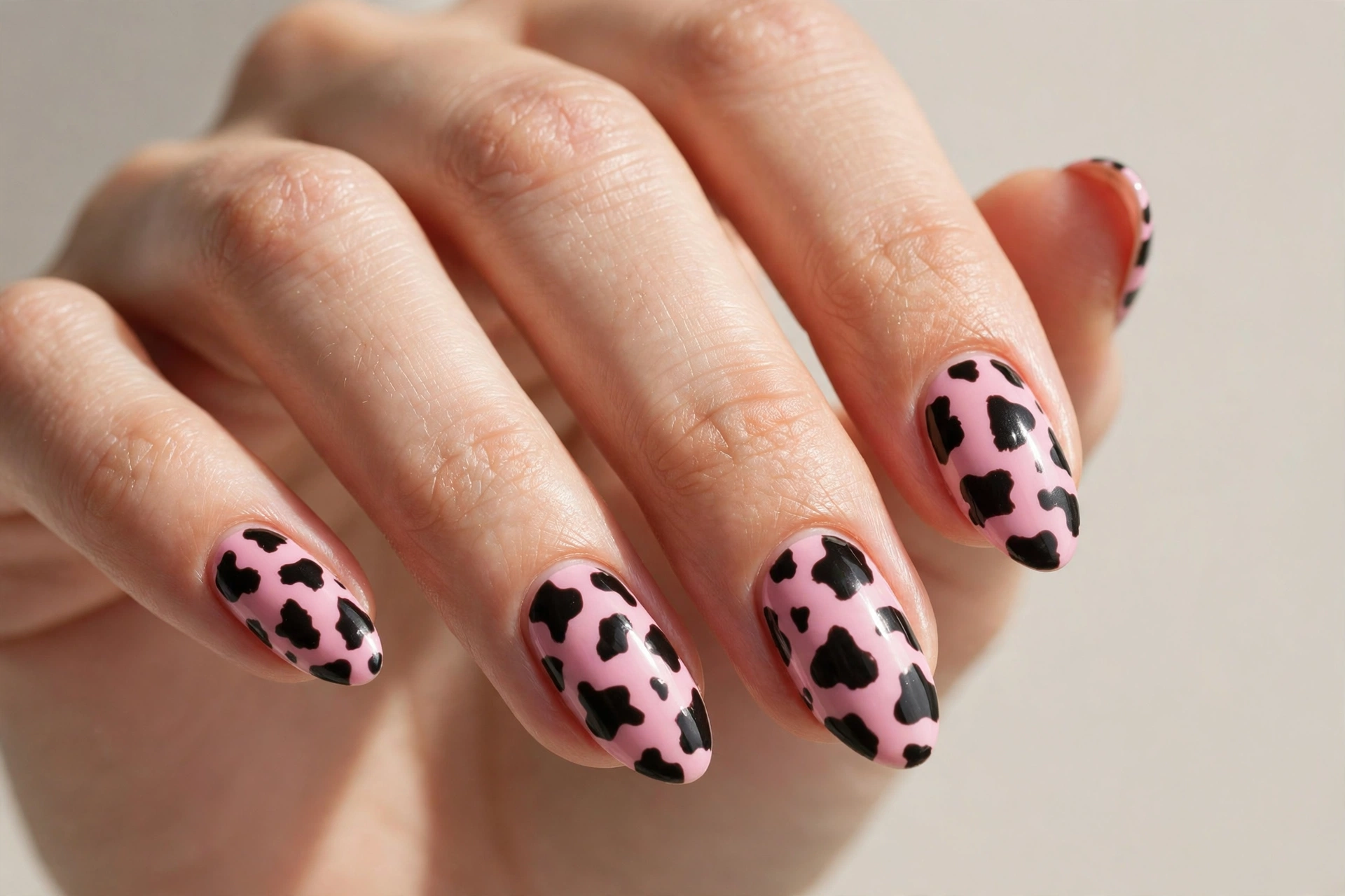 Pink almond nails with black cow print spots