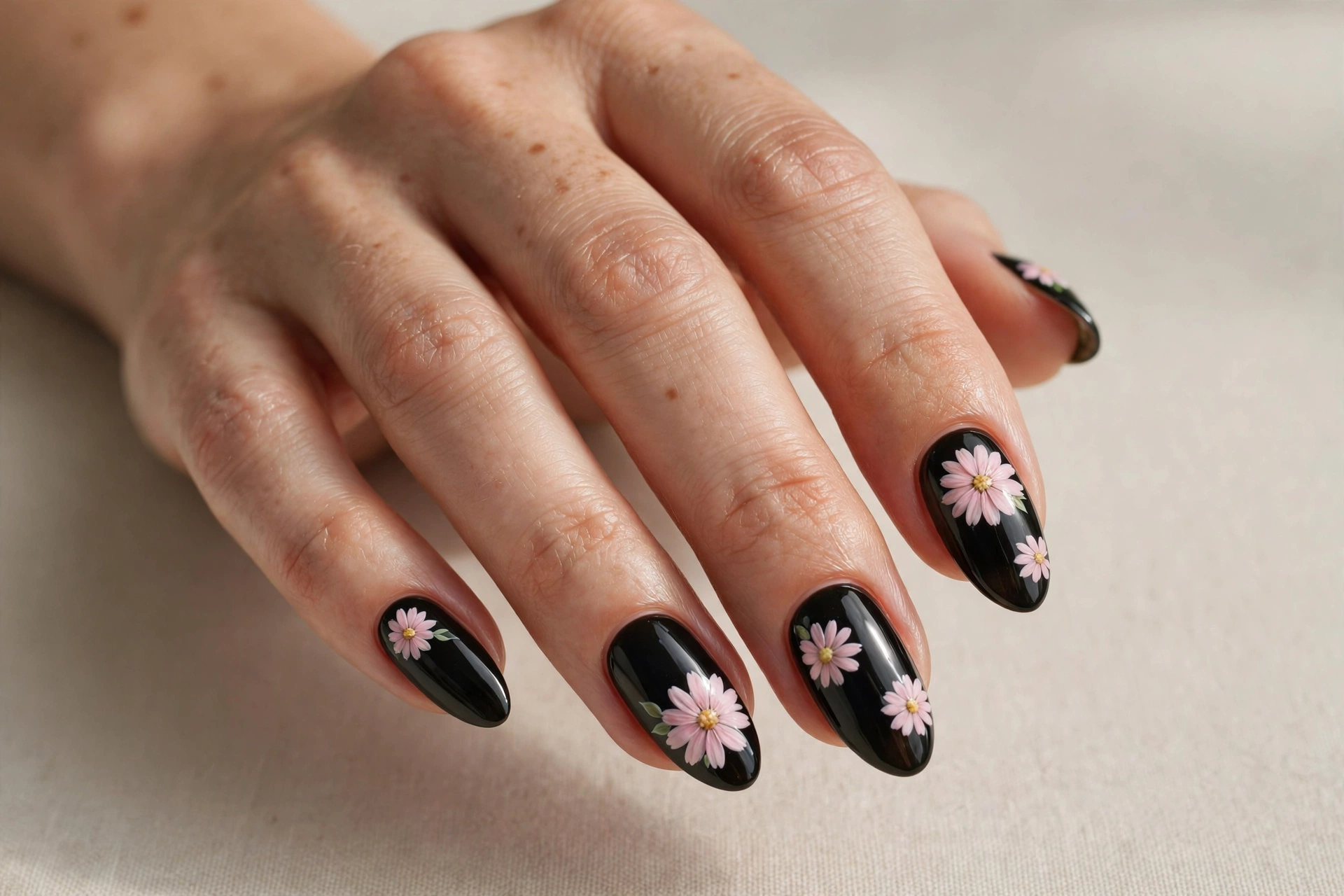 Glossy black almond nails with pink daisy flower nail art