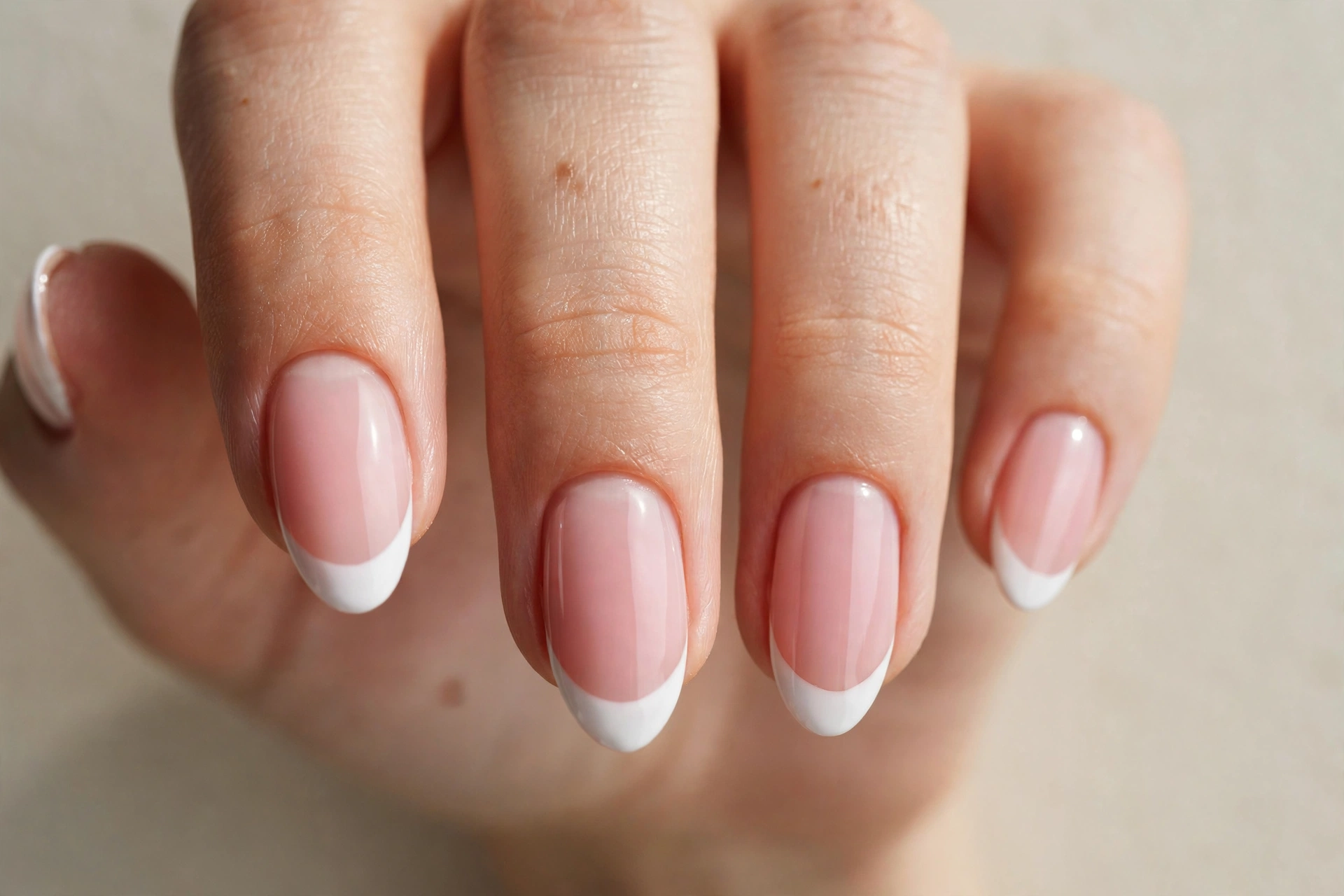 Classic pink and white French tip manicure on almond shaped nails