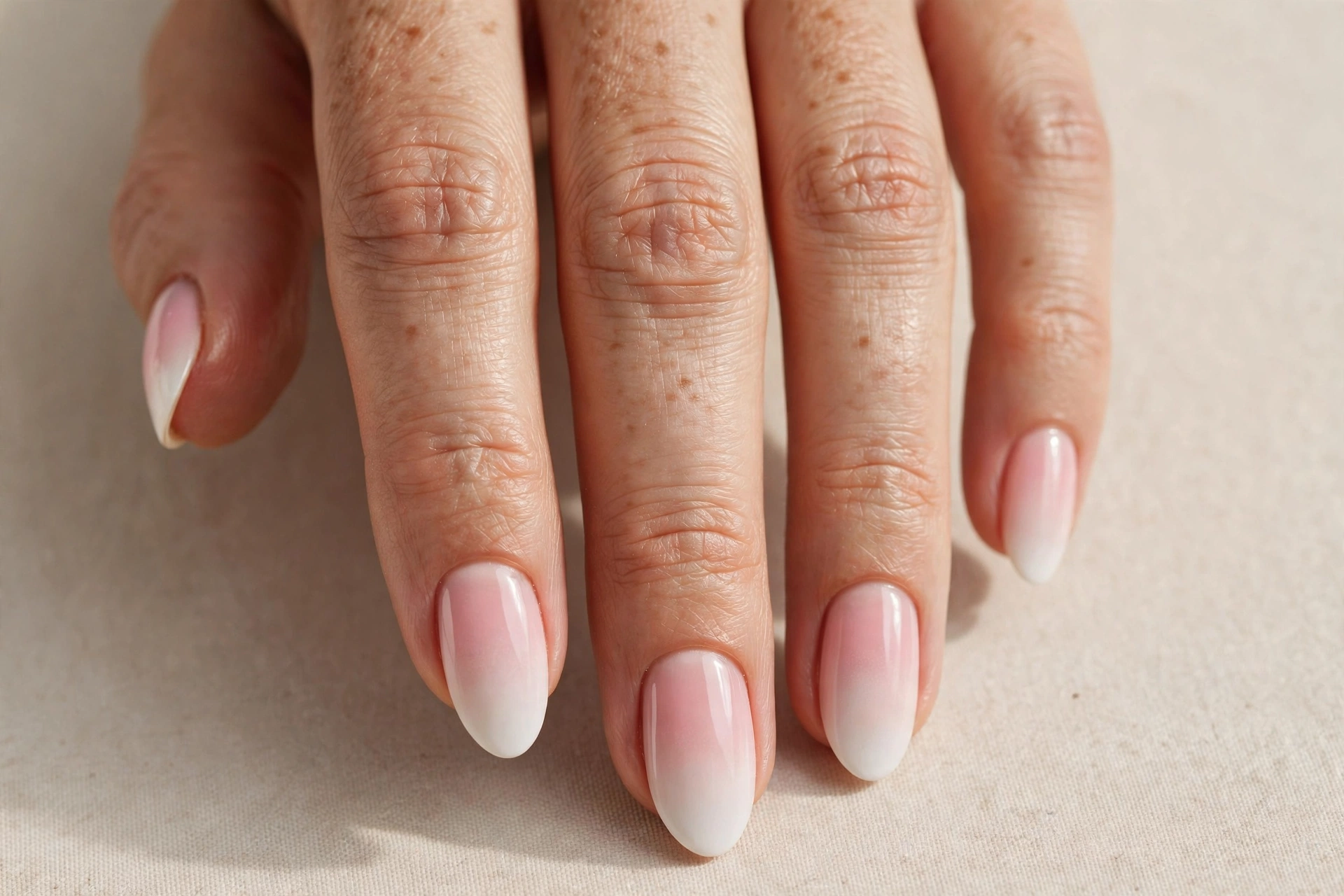 Baby boomer pink to white ombre manicure