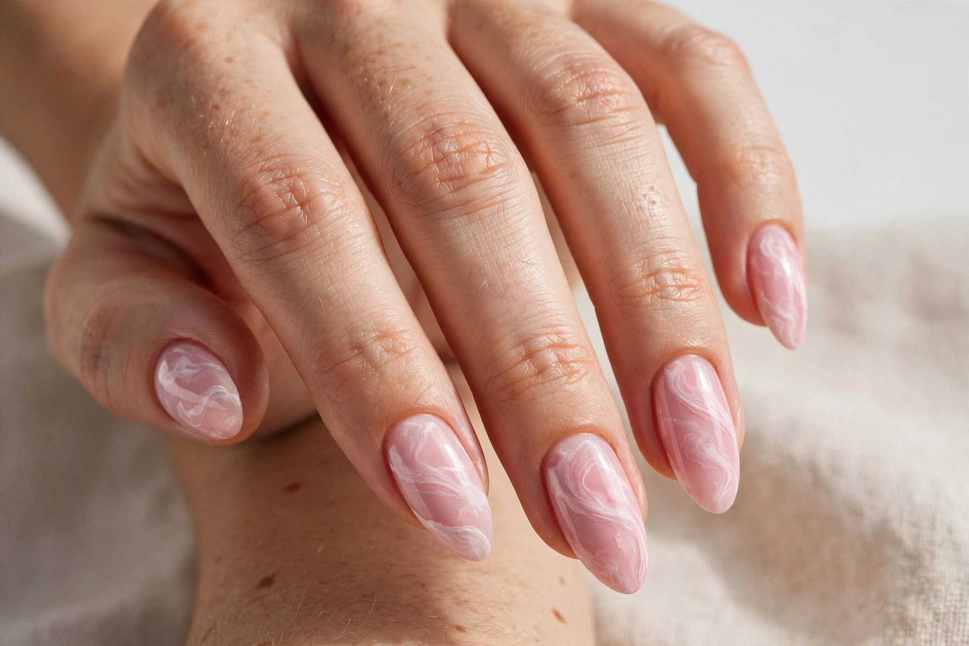 Pink marble nail design with white swirls