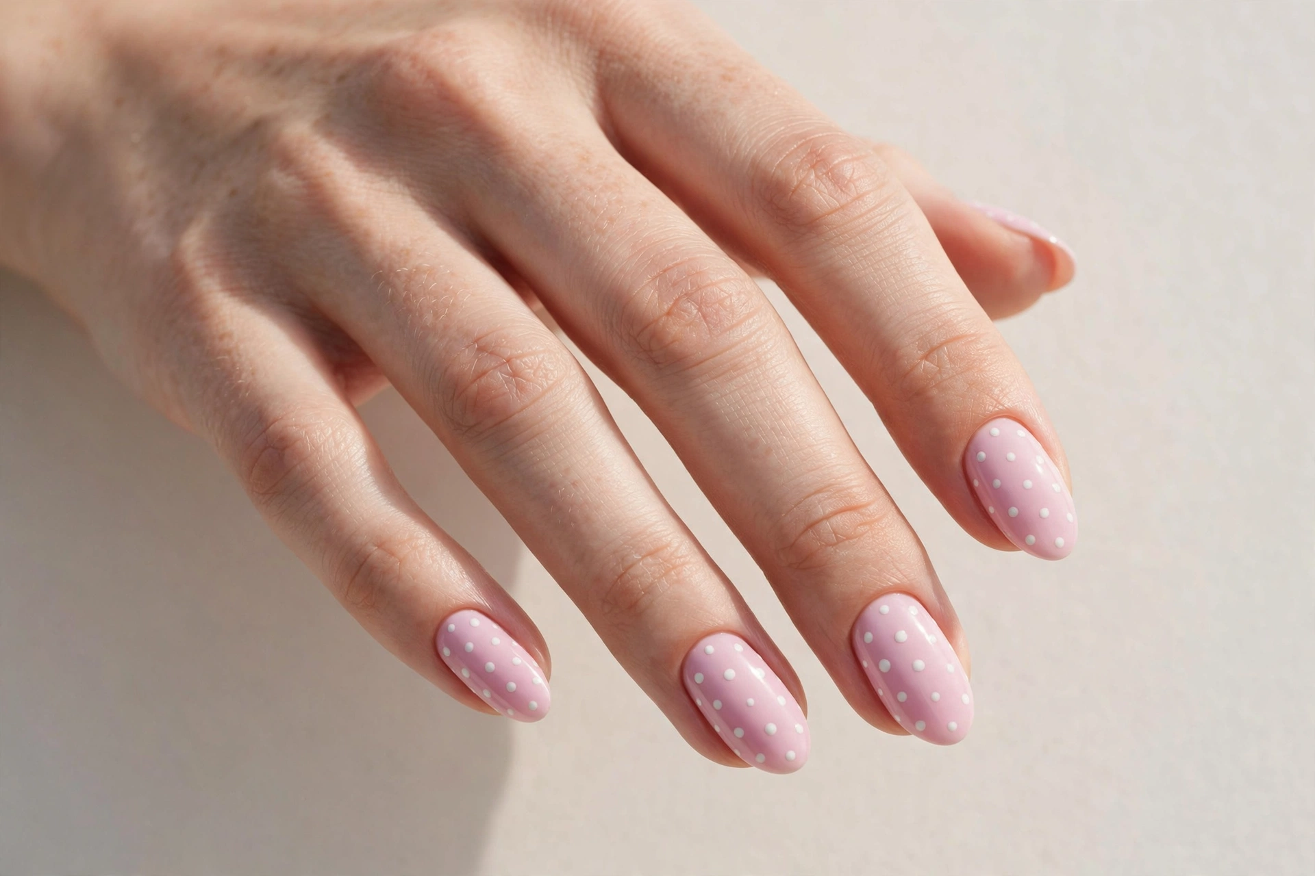 Pastel pink nails with white polka dots