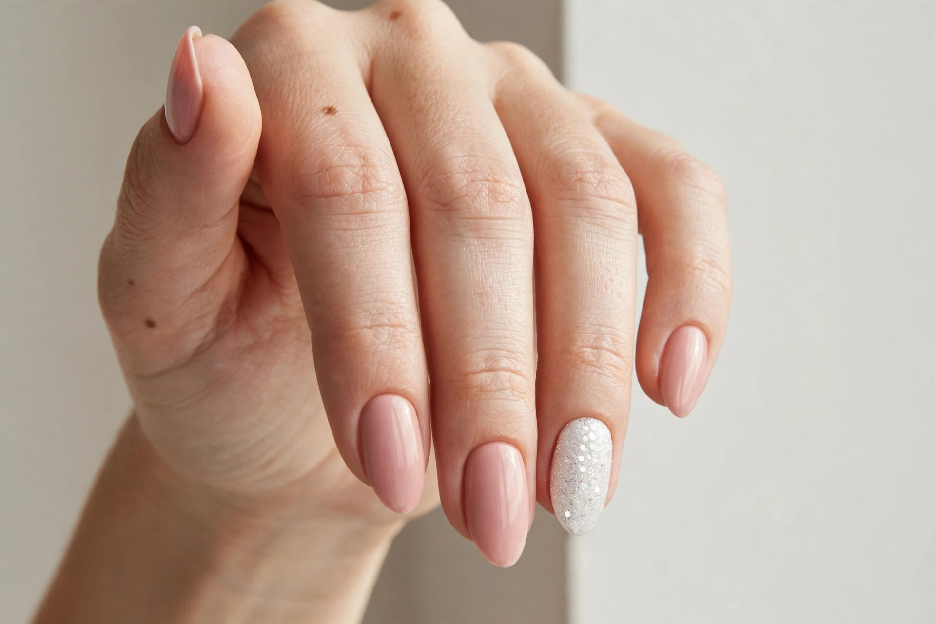 Blush pink manicure with white glitter accent nail