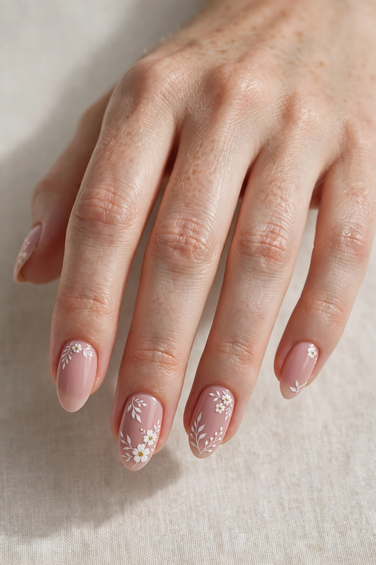 Soft pink nails with white floral nail art