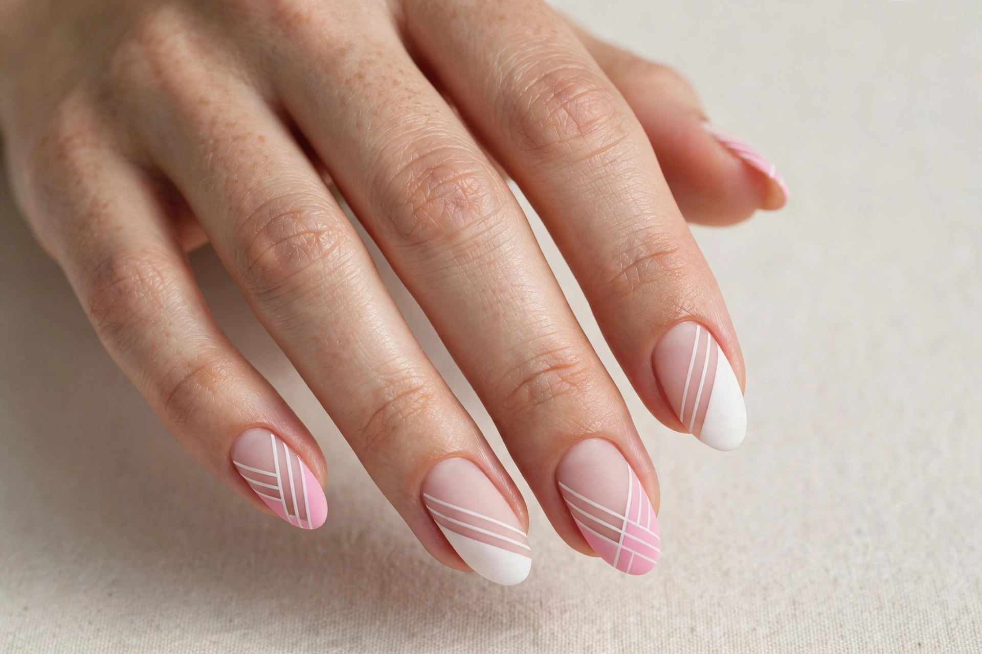 Geometric pink and white line art nail design