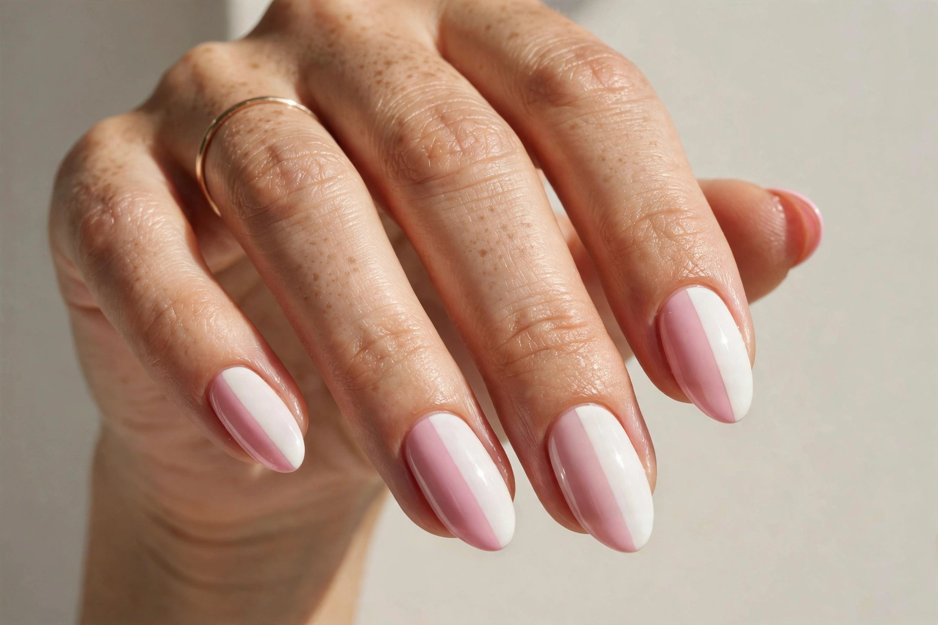 Pink and white color block nail design