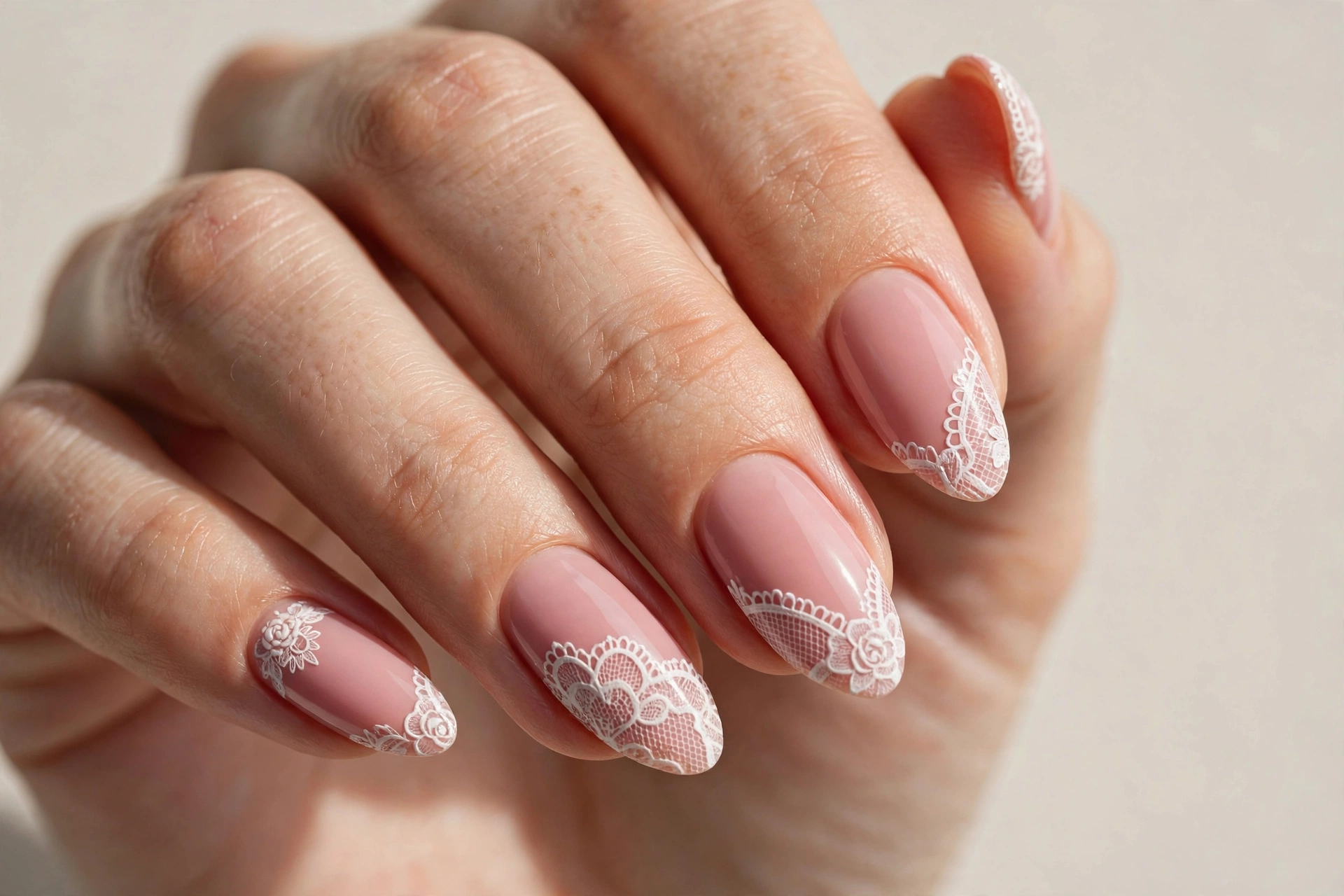 Blush pink nails with white lace nail art detail