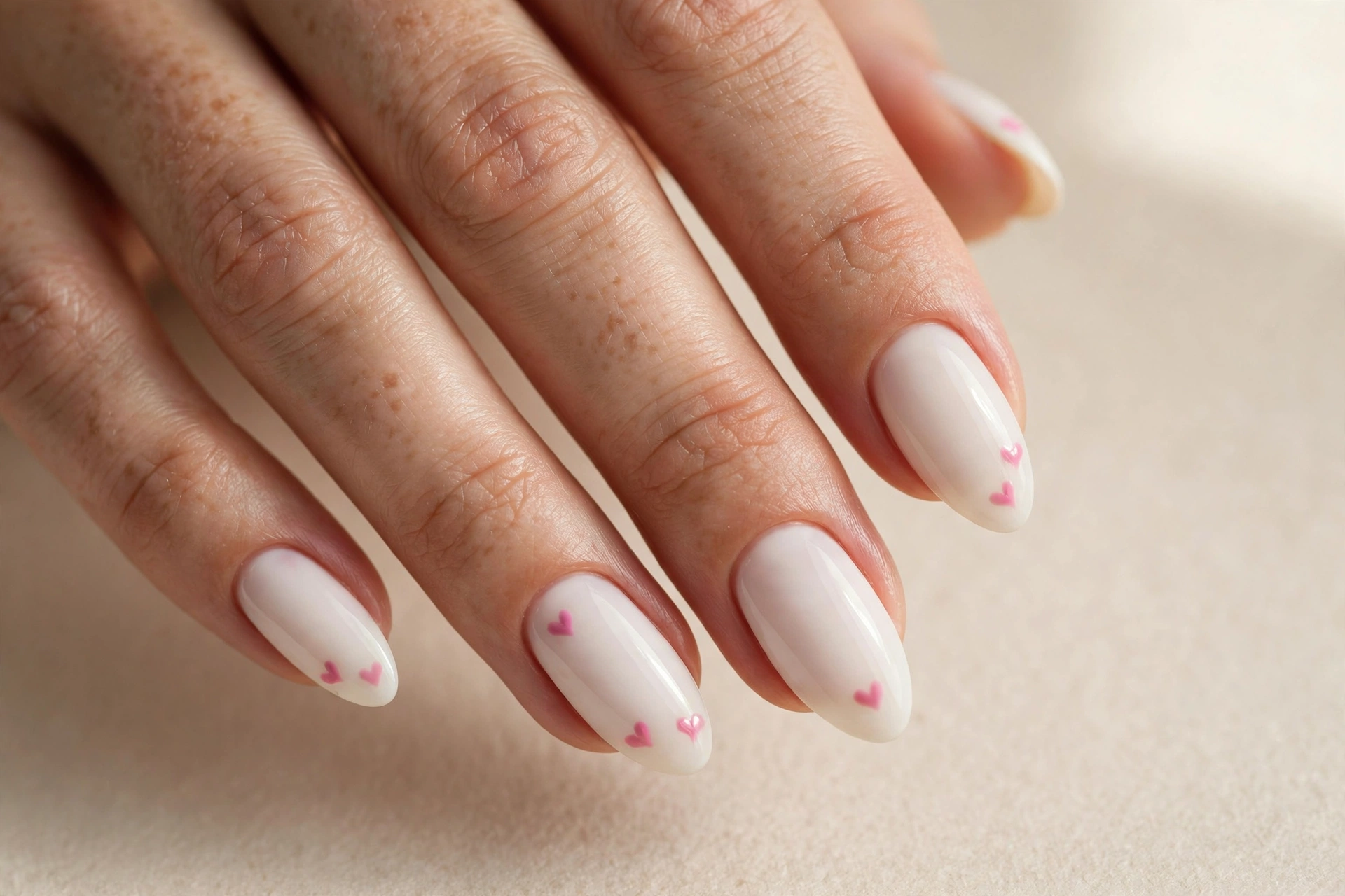 White nails with small pink heart accents