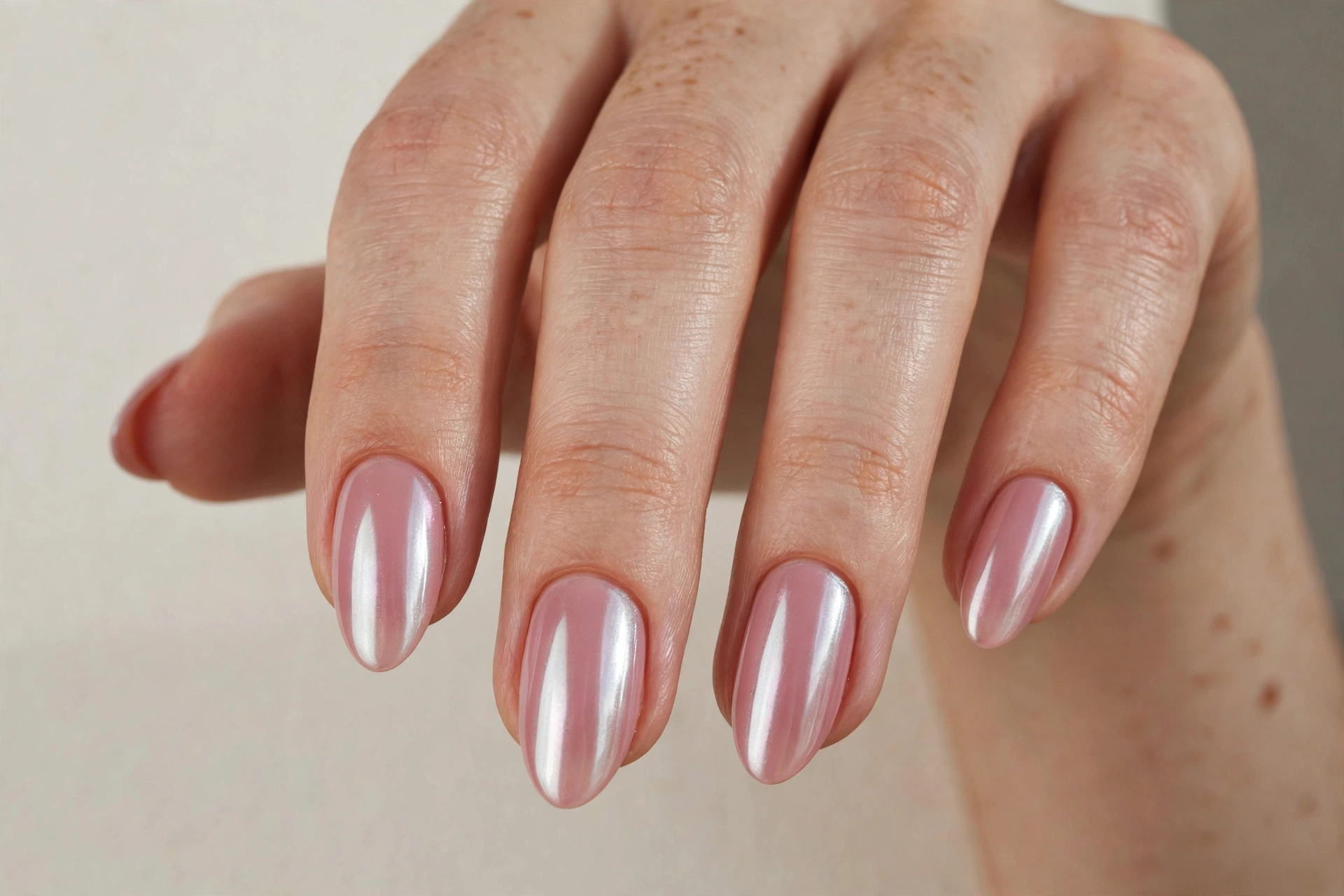 Dusty pink nails with white chrome glazed finish