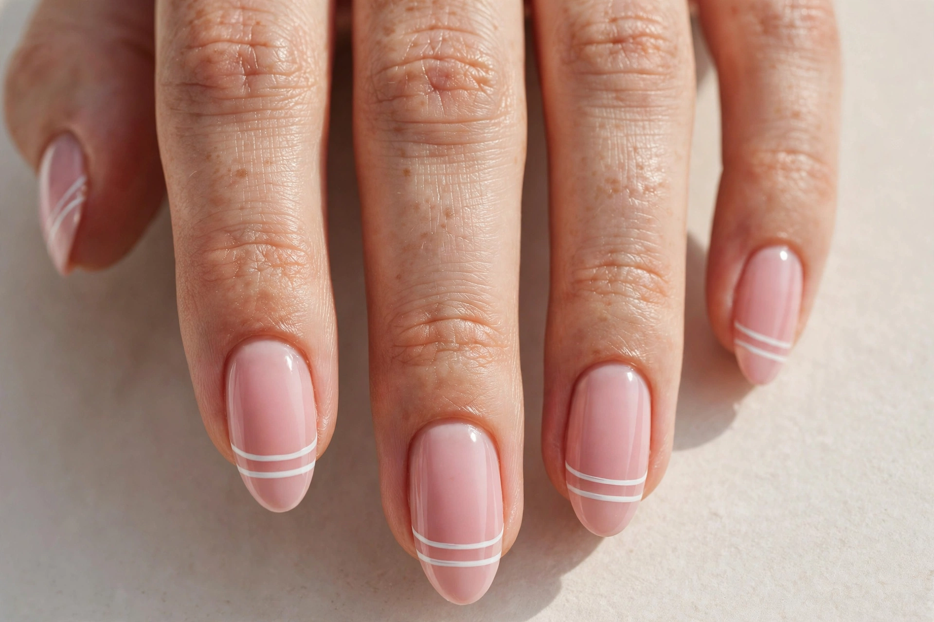 Pink nails with double white French tip stripes