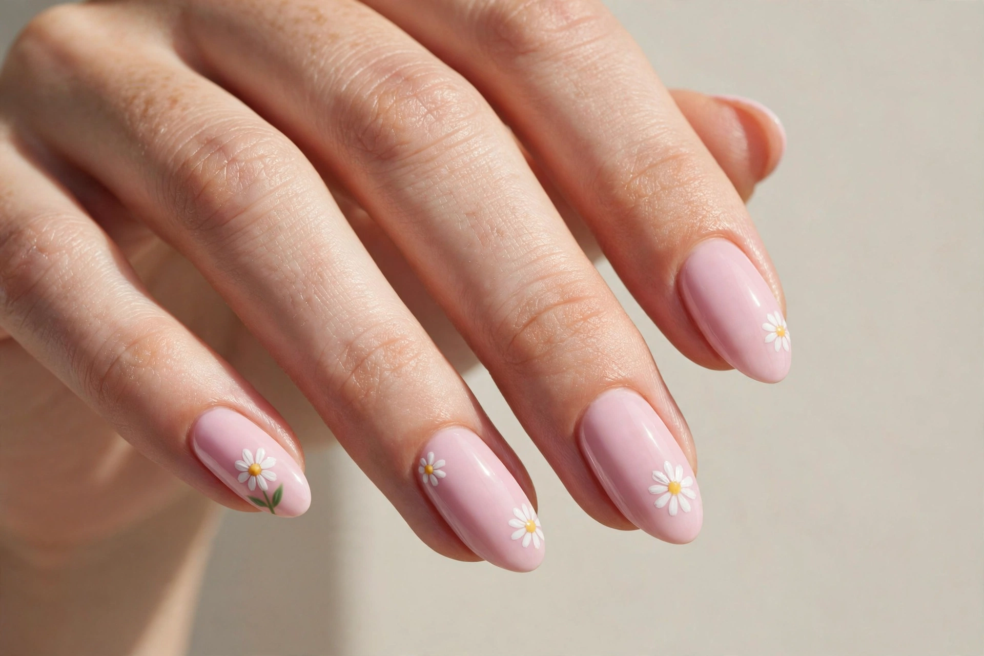 Pastel pink nails with white daisy nail art