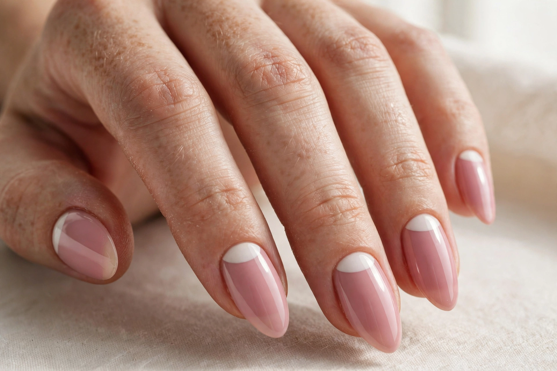 Pink nails with white half moon negative space nail art