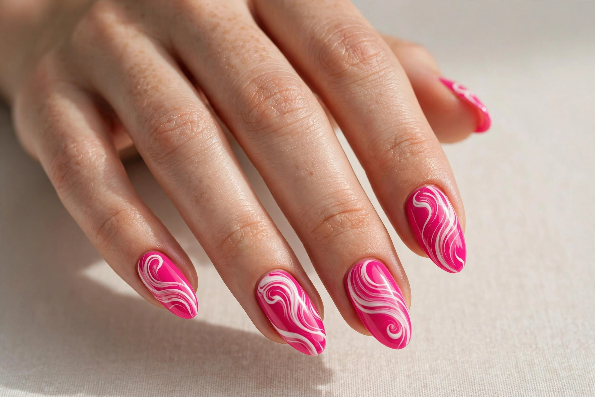 Hot pink nails with white swirl nail art