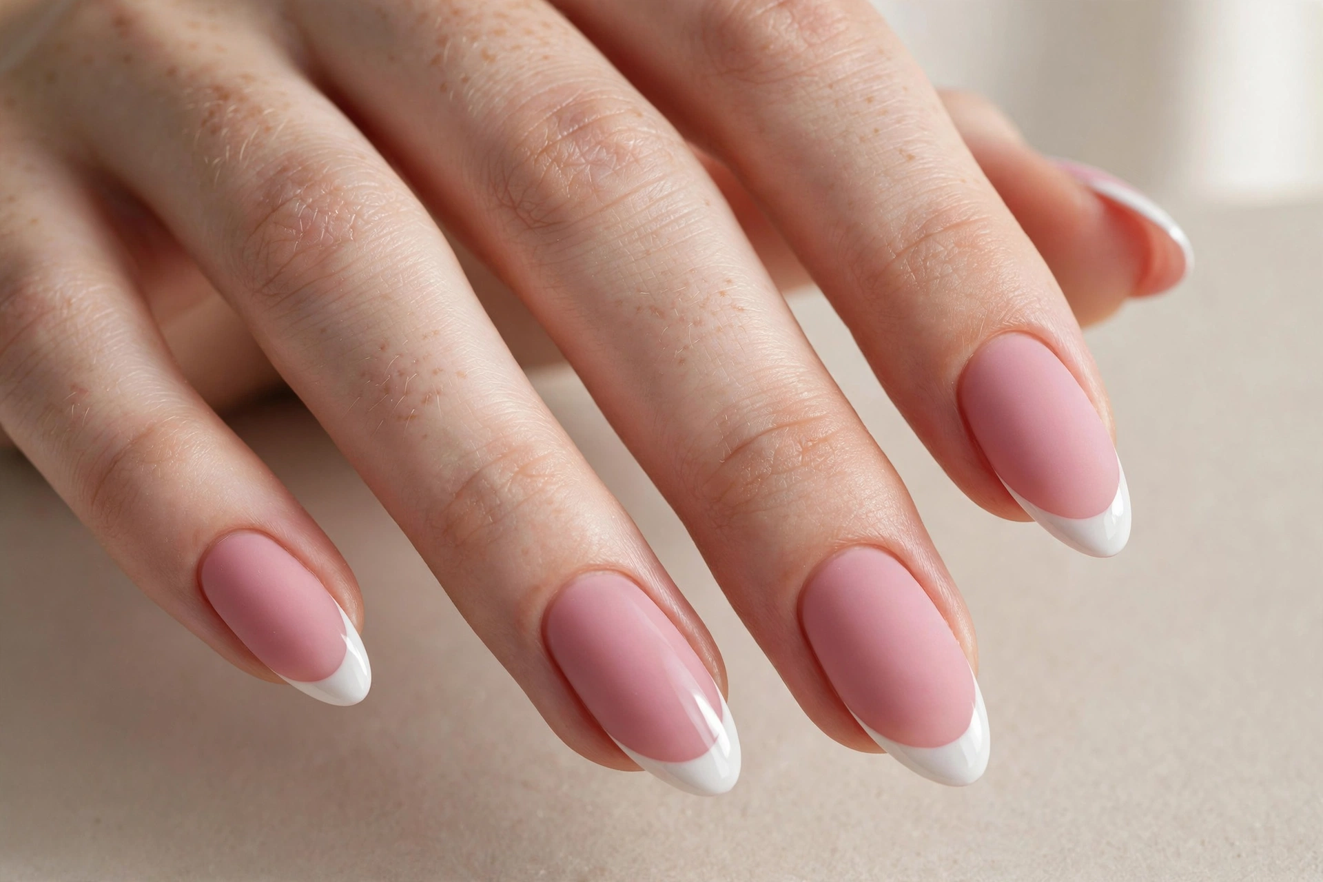 Matte pink nails with glossy white French tips