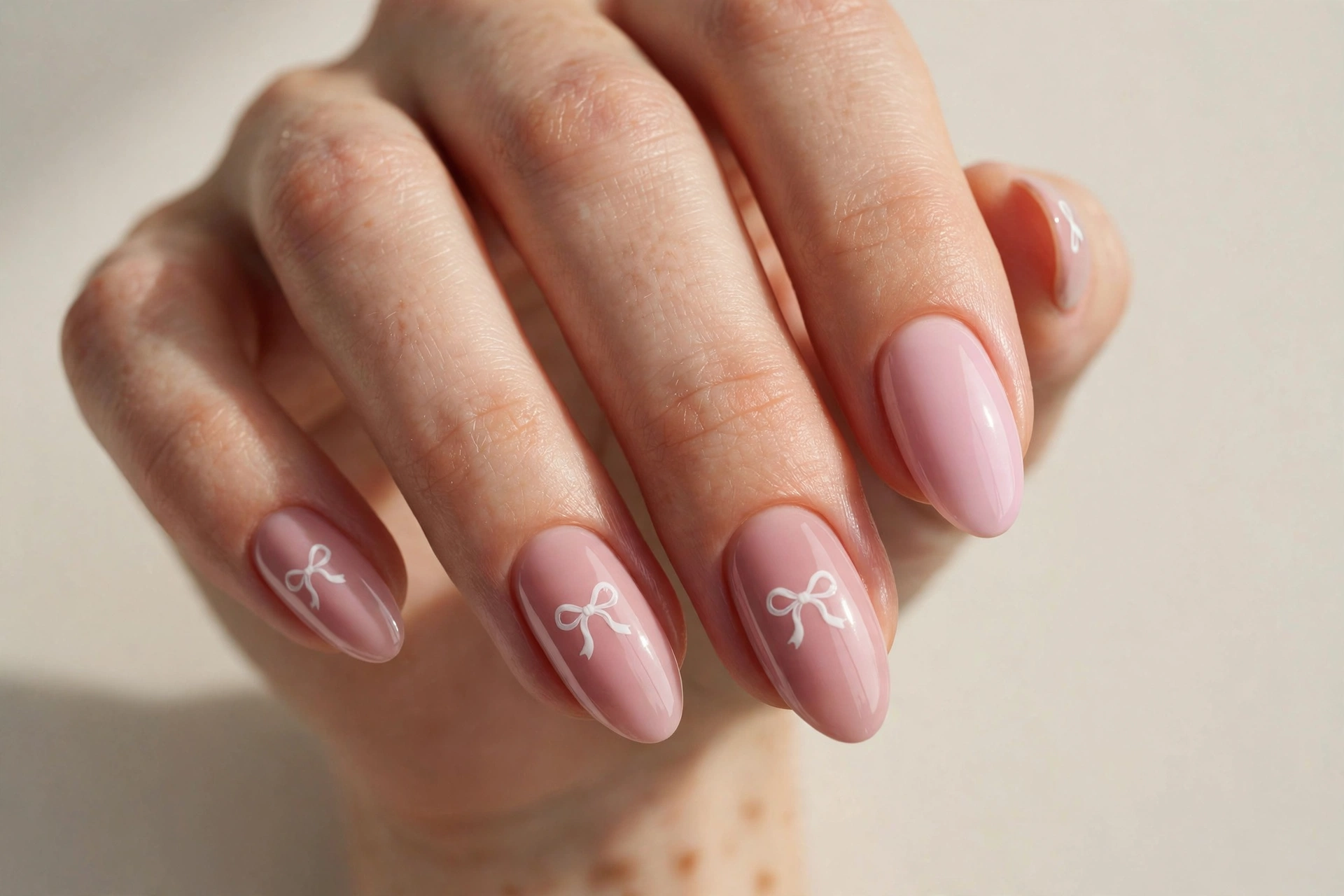 Soft pink nails with white bow nail art