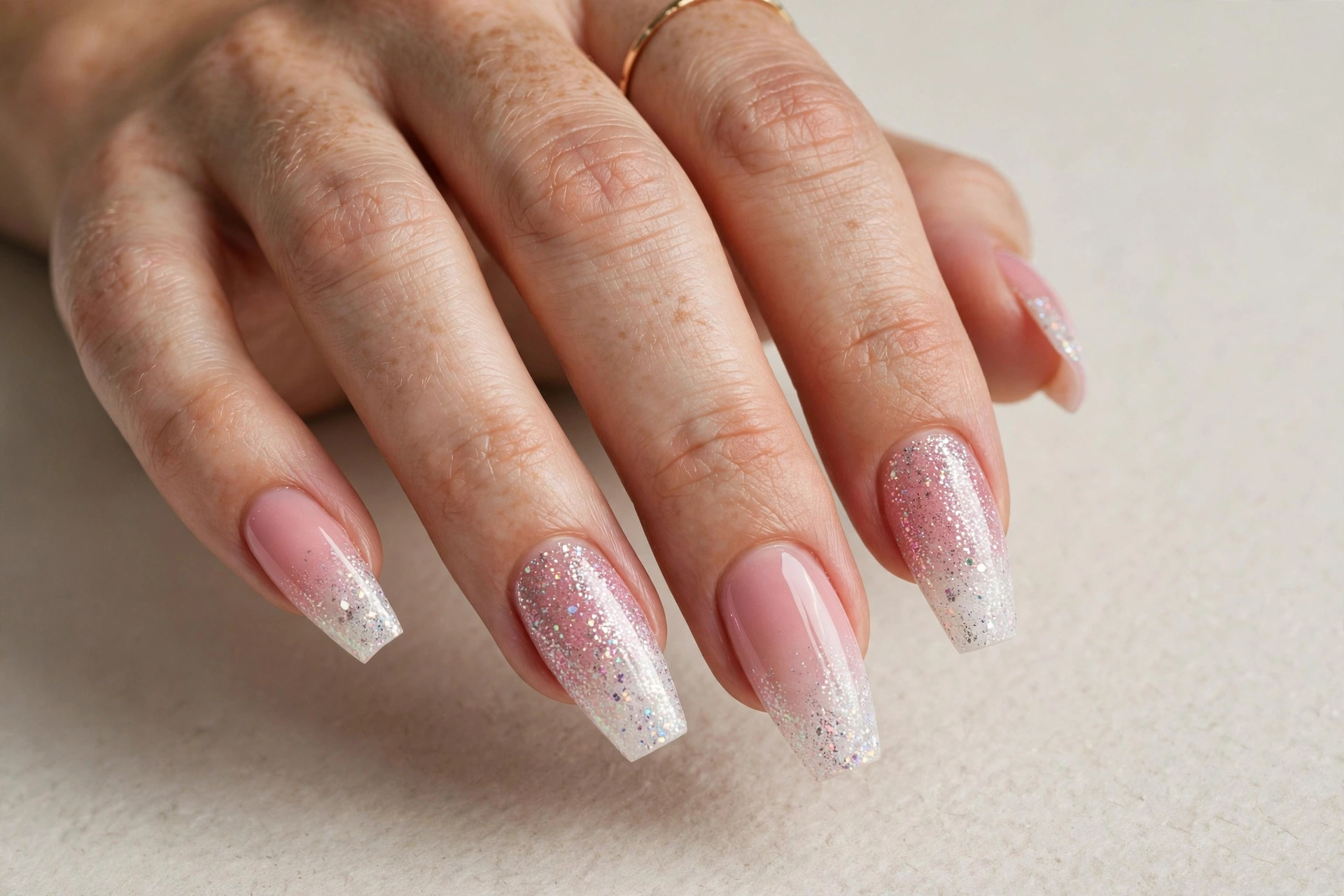 Pink and white glitter ombre coffin nails
