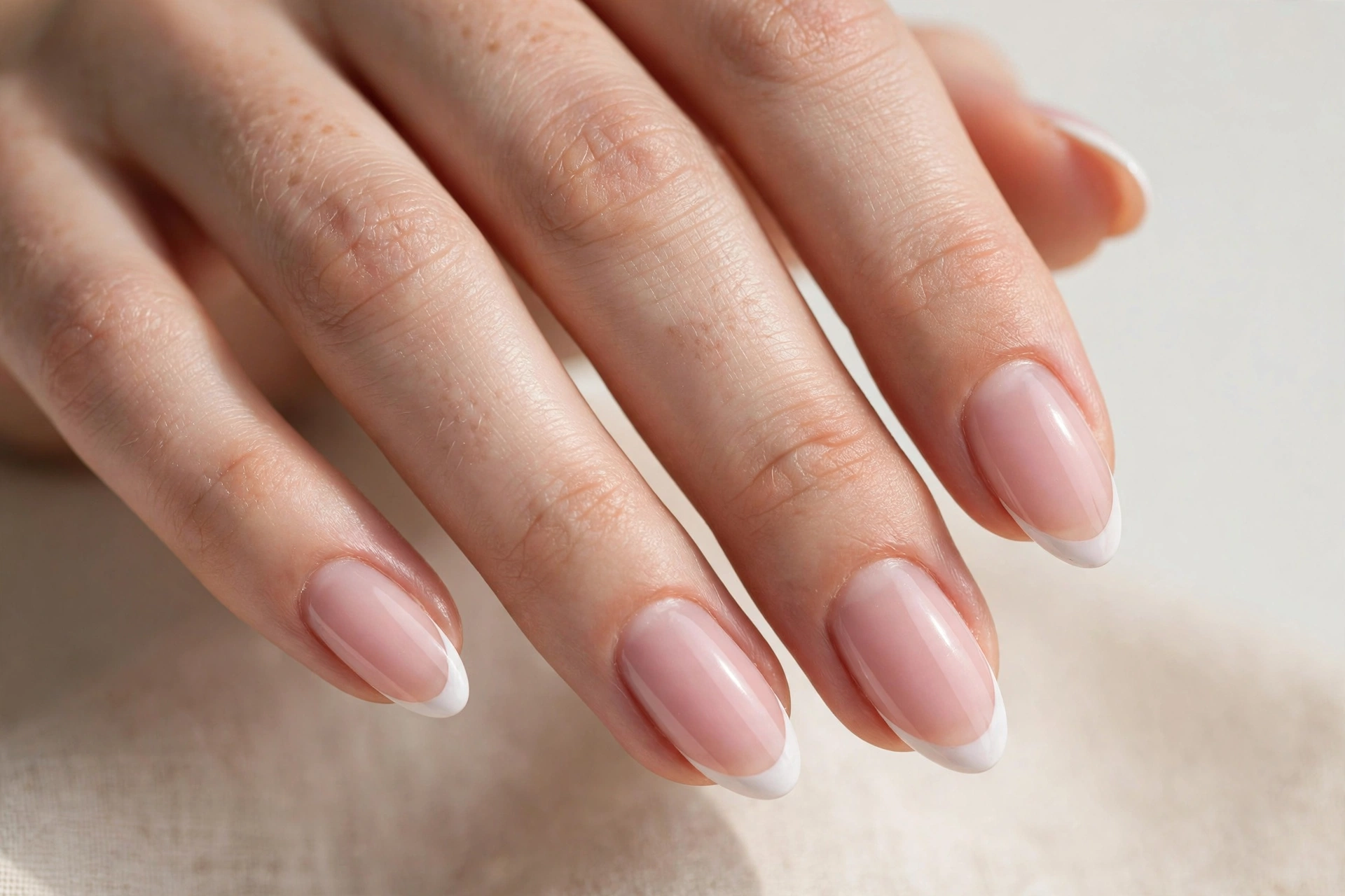 Close-up of a soft pink French tip manicure on almond-shaped nails