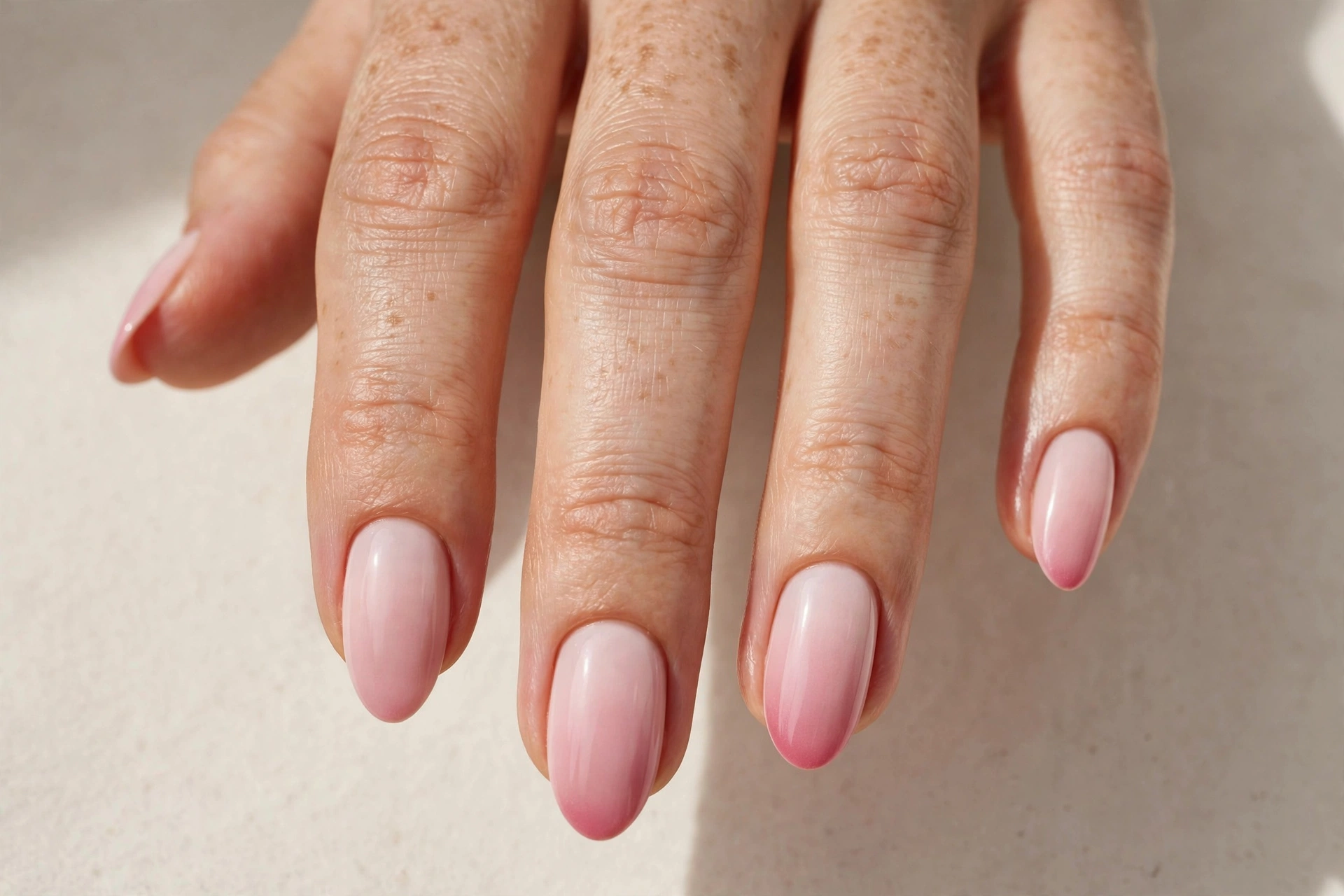 Close-up of a blush pink ombré manicure fading from pale pink to deep rose