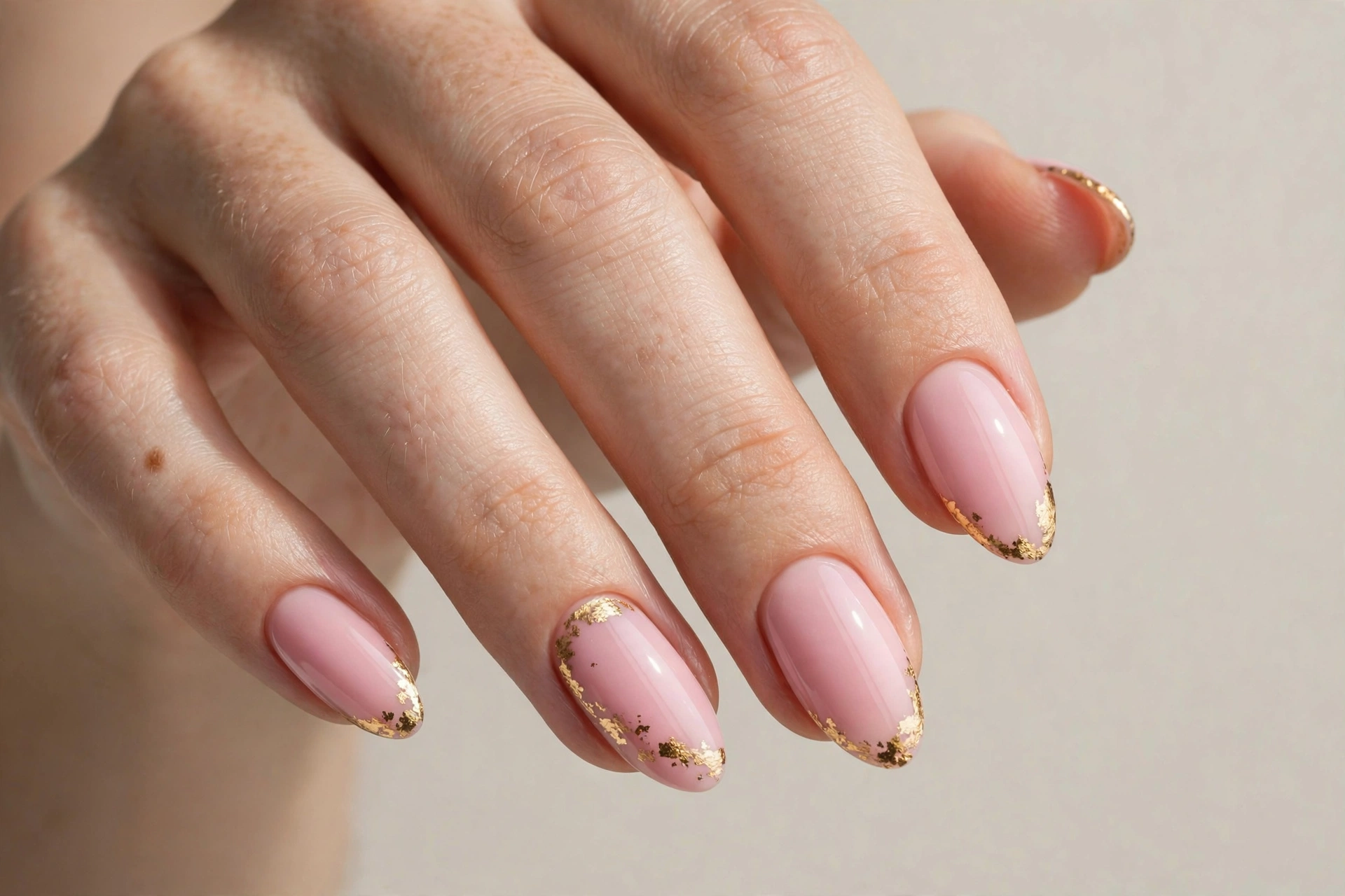 Close-up of a baby pink manicure with delicate gold foil accents on the tips