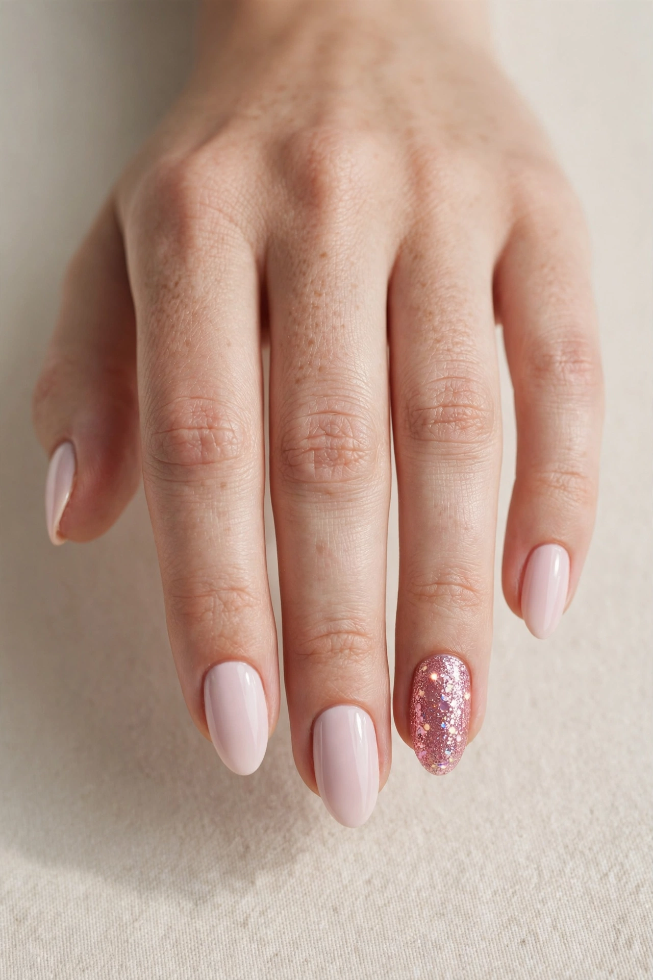 Close-up of a pale pink manicure with one sparkling pink glitter accent nail