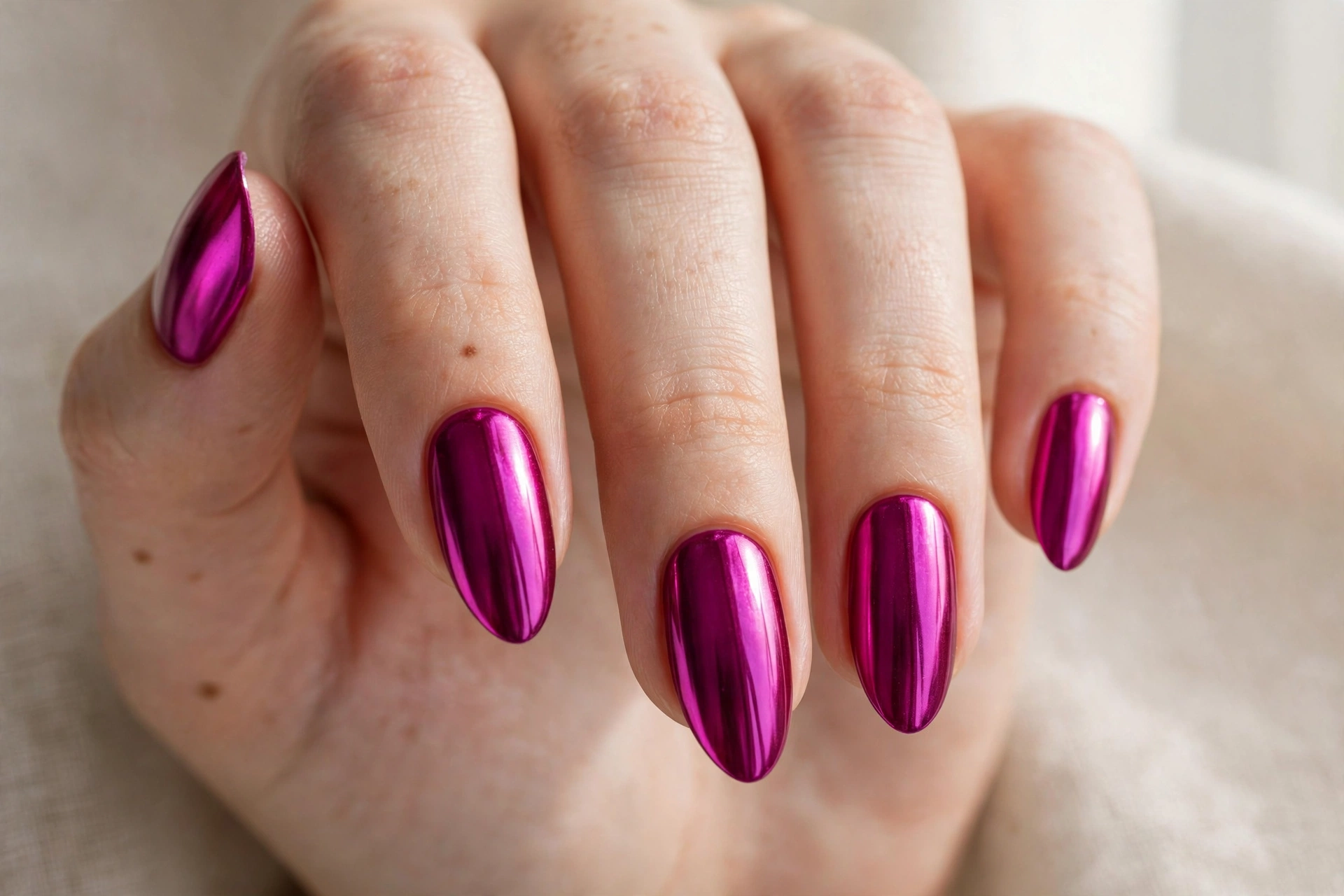 Close-up of a magenta chrome mirror-shine manicure