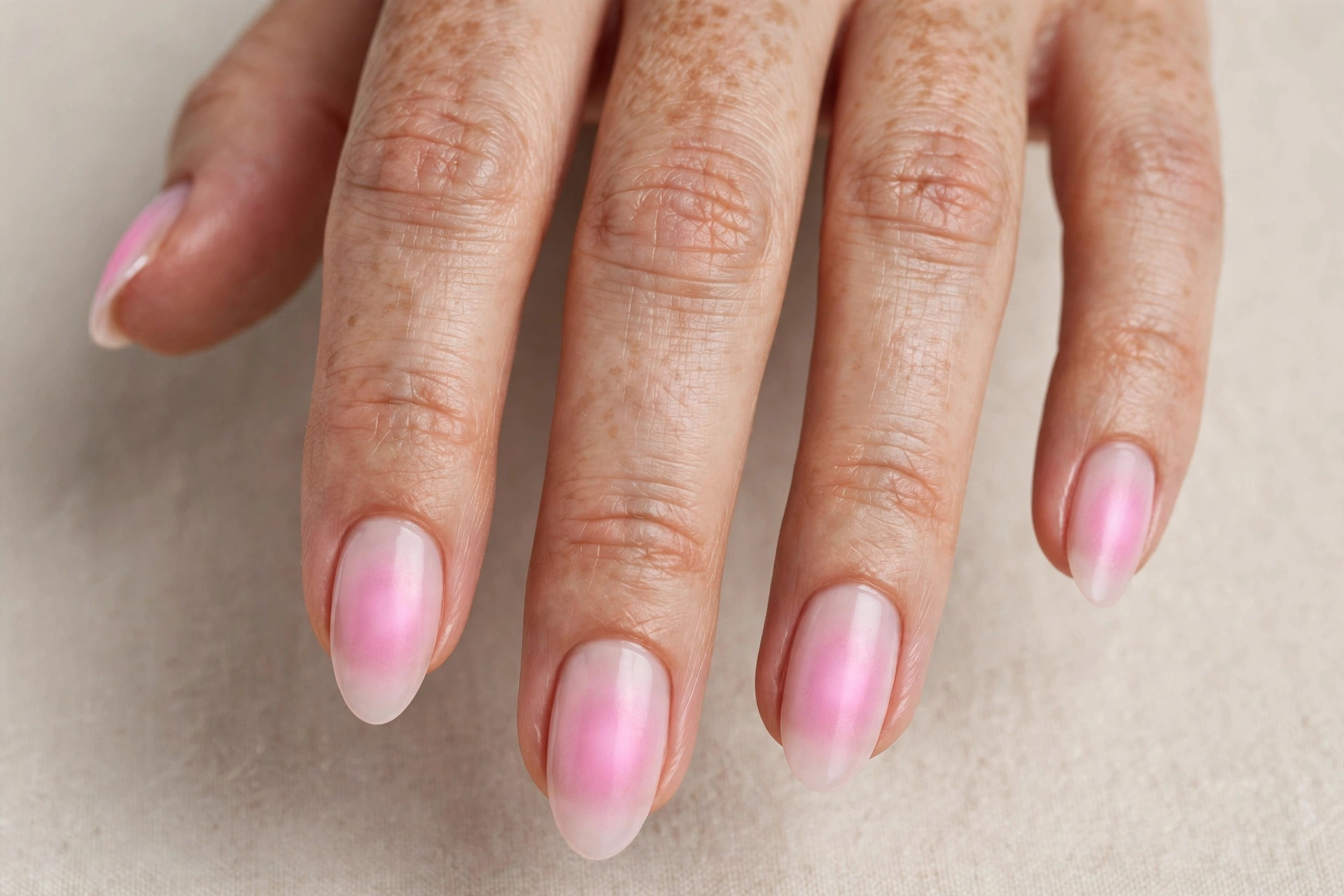 Close-up of a pink aura manicure with a soft airbrushed glow at the center of each nail