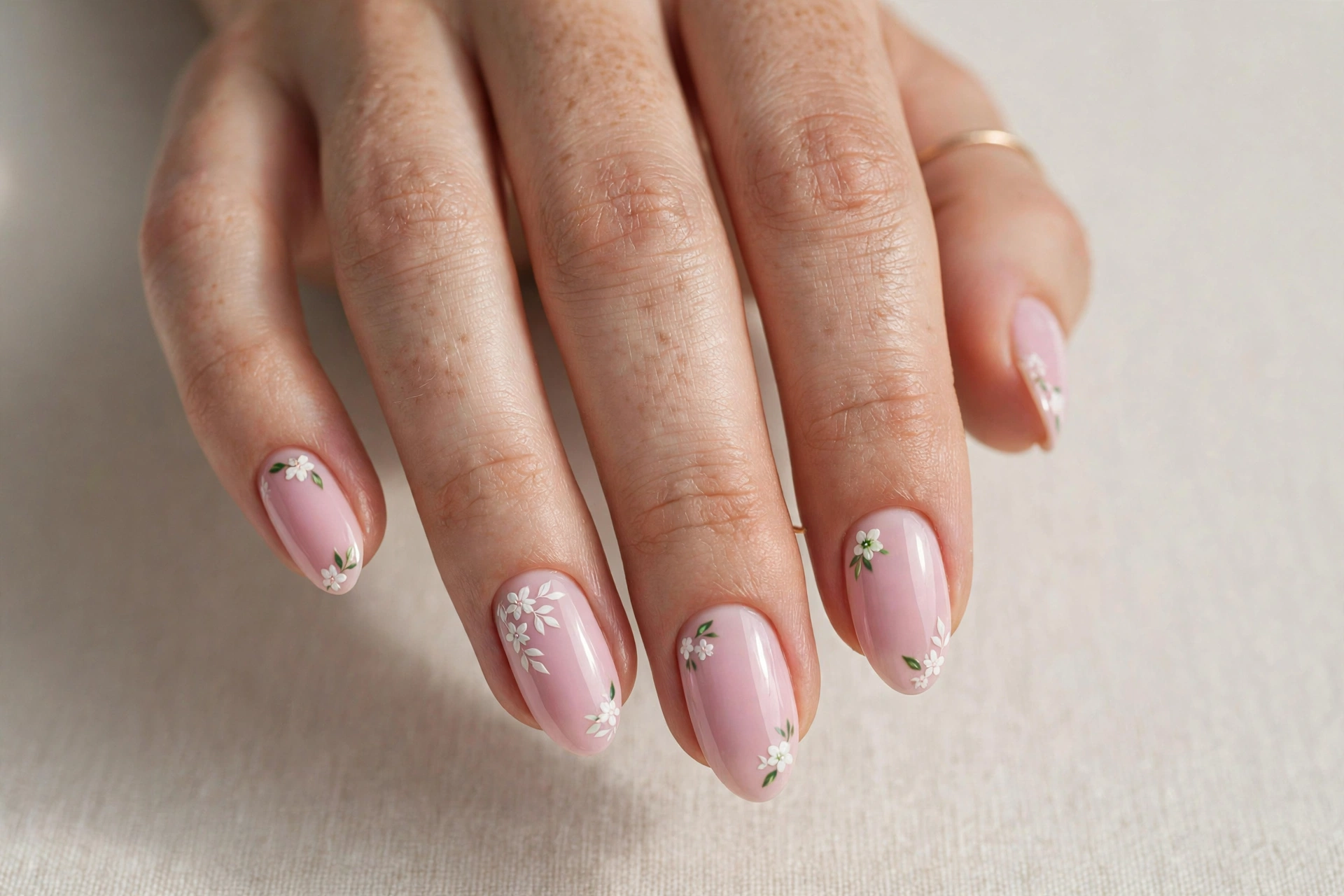 Close-up of a pastel pink manicure with tiny hand-painted white floral art
