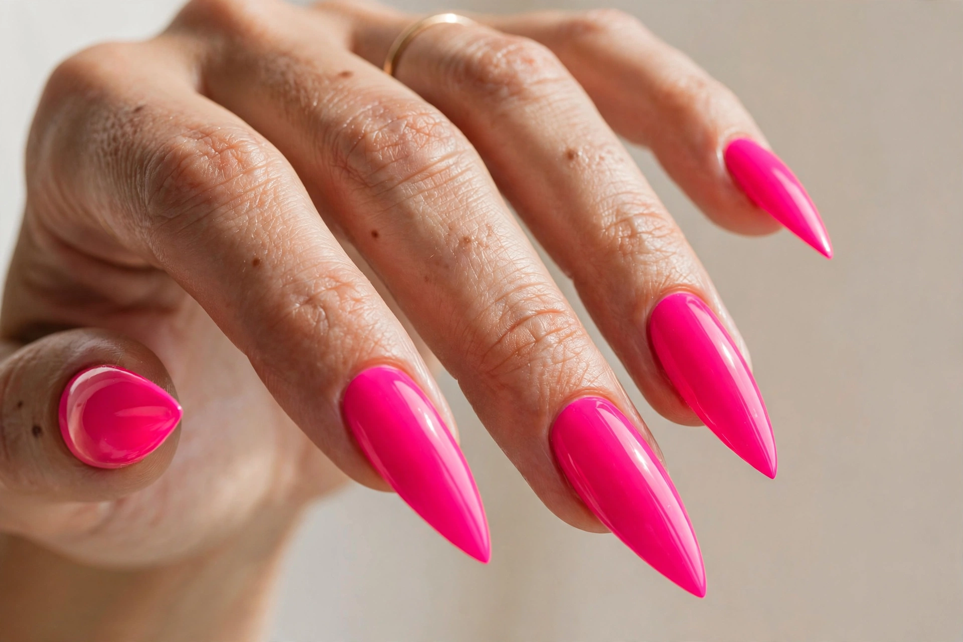 Close-up of a neon pink manicure on stiletto-shaped nails