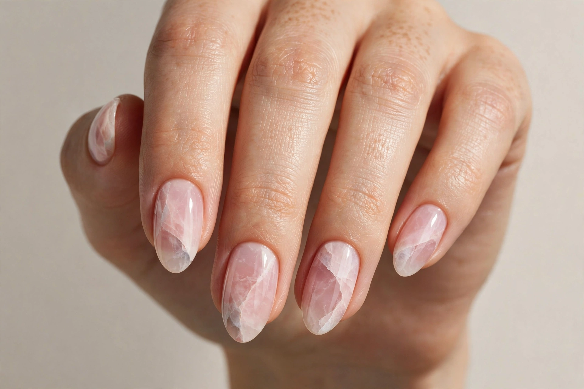 Close-up of a rose quartz stone effect pink manicure with natural veining