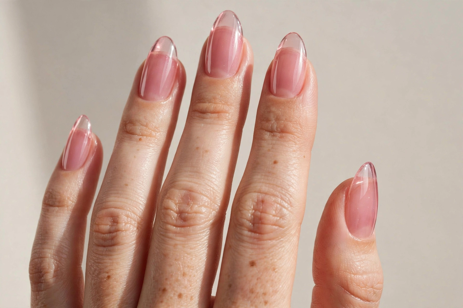Close-up of a sheer pink jelly manicure with a translucent glassy finish