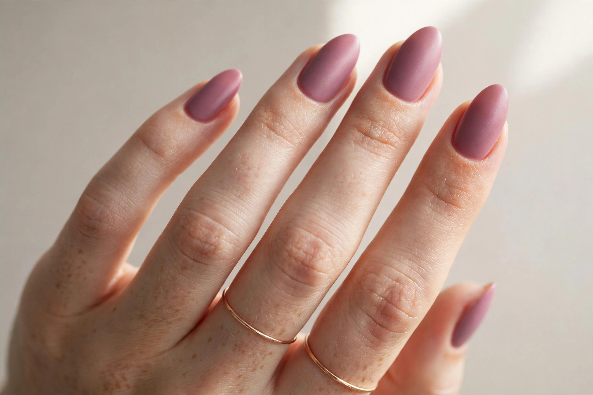Close-up of a mauve pink almond-shaped manicure with a satin finish